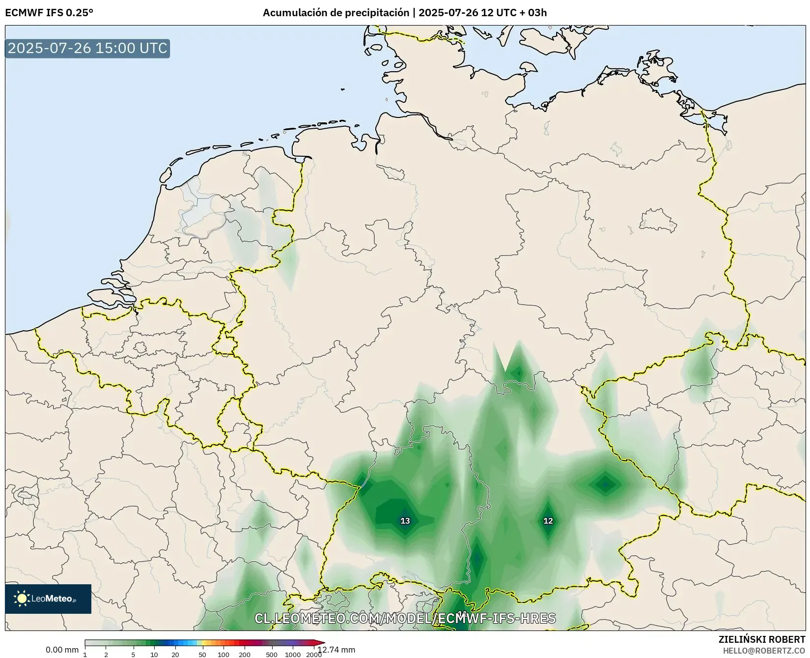 ECMWF IFS 0.25° model - Alemania, Acumulación de precipitación ECMWF IFS 0.25° model - Alemania, Acumulación de precipitación