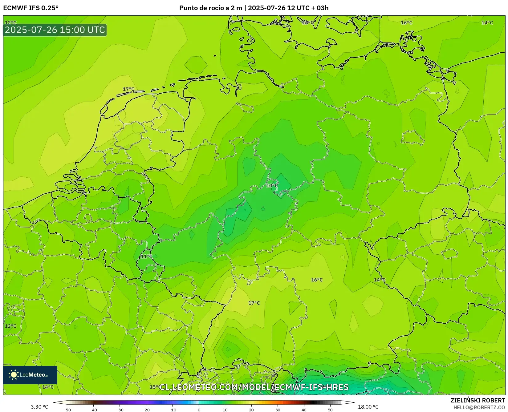 ECMWF IFS 0.25° model - Alemania, Punto de rocío a 2 m ECMWF IFS 0.25° model - Alemania, Punto de rocío a 2 m