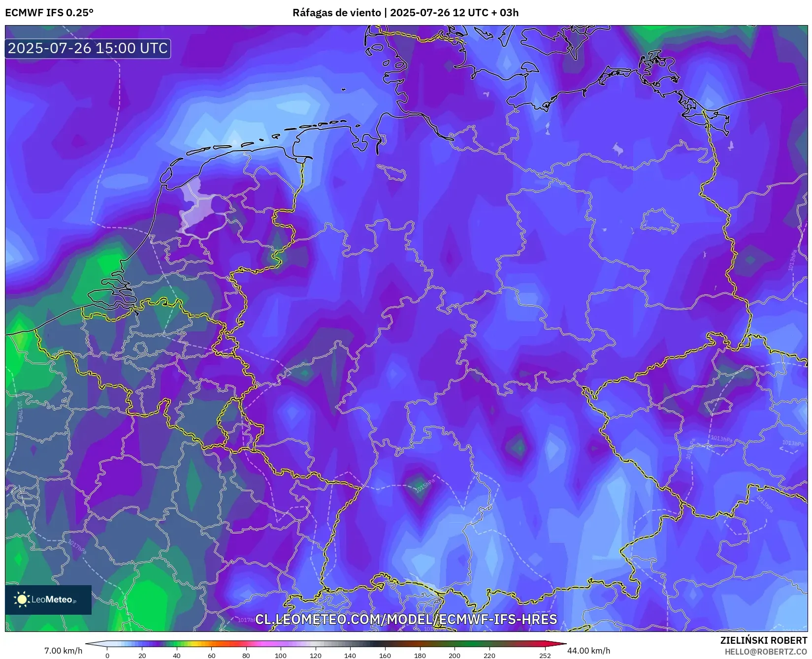 ECMWF IFS 0.25° model - Alemania, Ráfagas de viento ECMWF IFS 0.25° model - Alemania, Ráfagas de viento