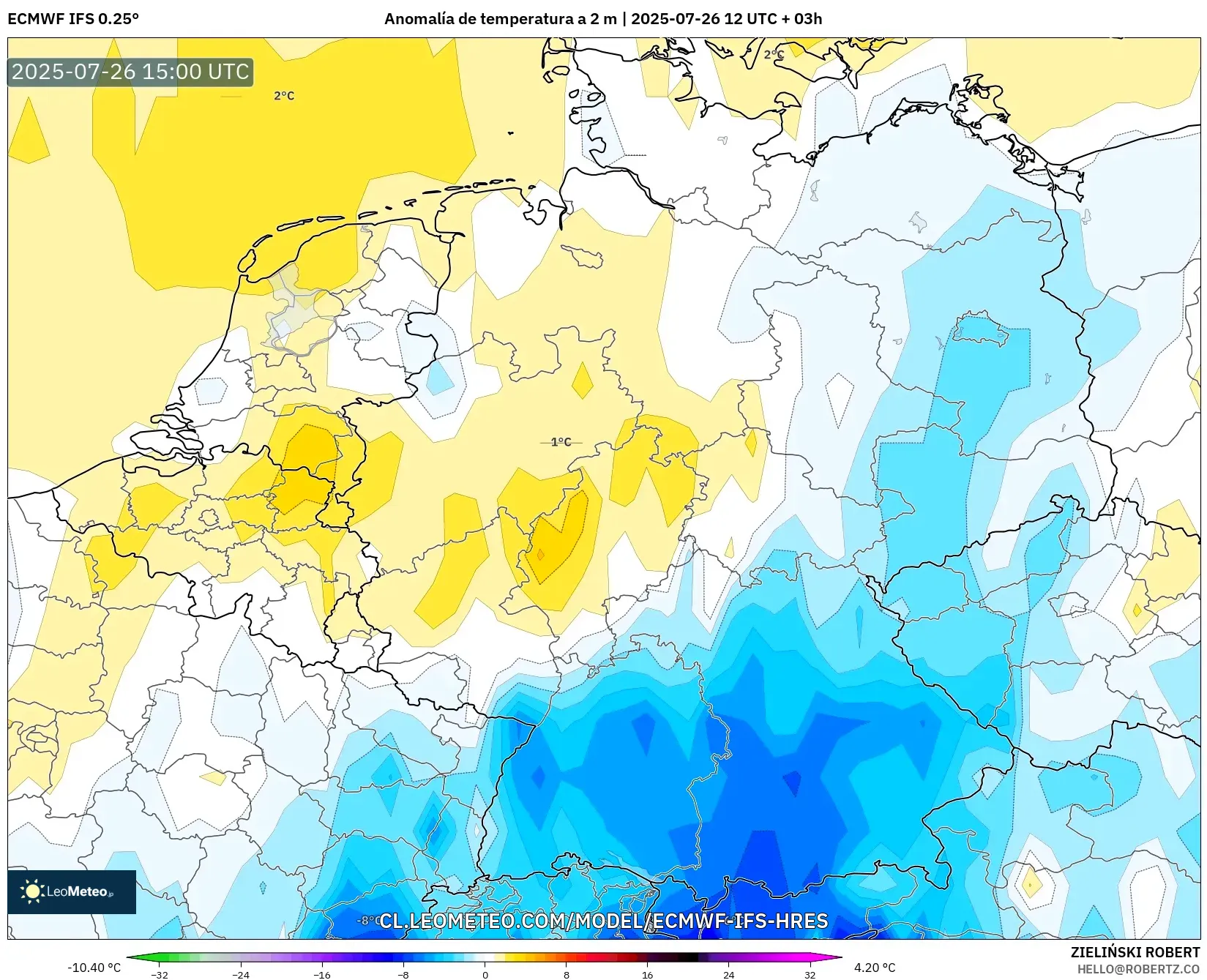 ECMWF IFS 0.25° model - Alemania, Anomalía de temperatura a 2 m