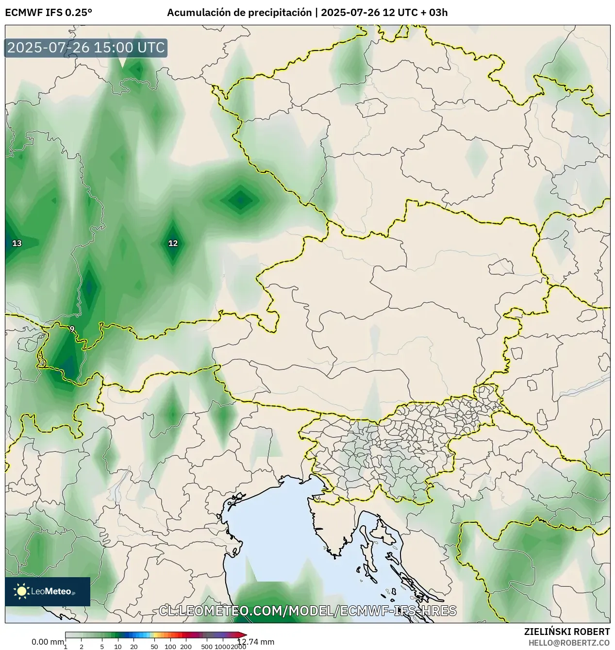 ECMWF IFS 0.25° model - Austria, Acumulación de precipitación ECMWF IFS 0.25° model - Austria, Acumulación de precipitación