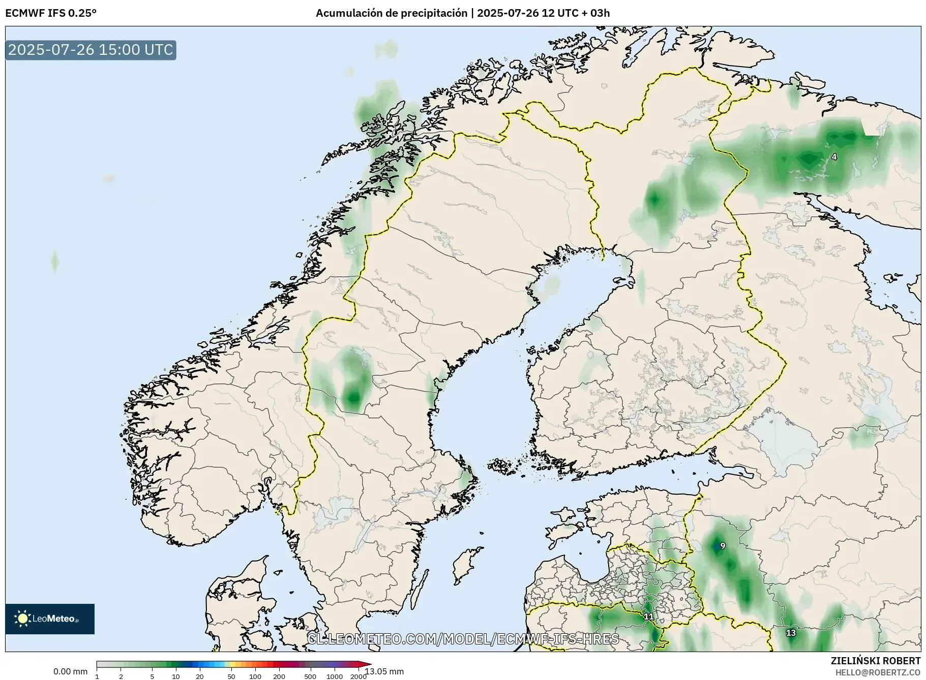 ECMWF IFS 0.25° model - Escandinavia, Acumulación de precipitación ECMWF IFS 0.25° model - Escandinavia, Acumulación de precipitación