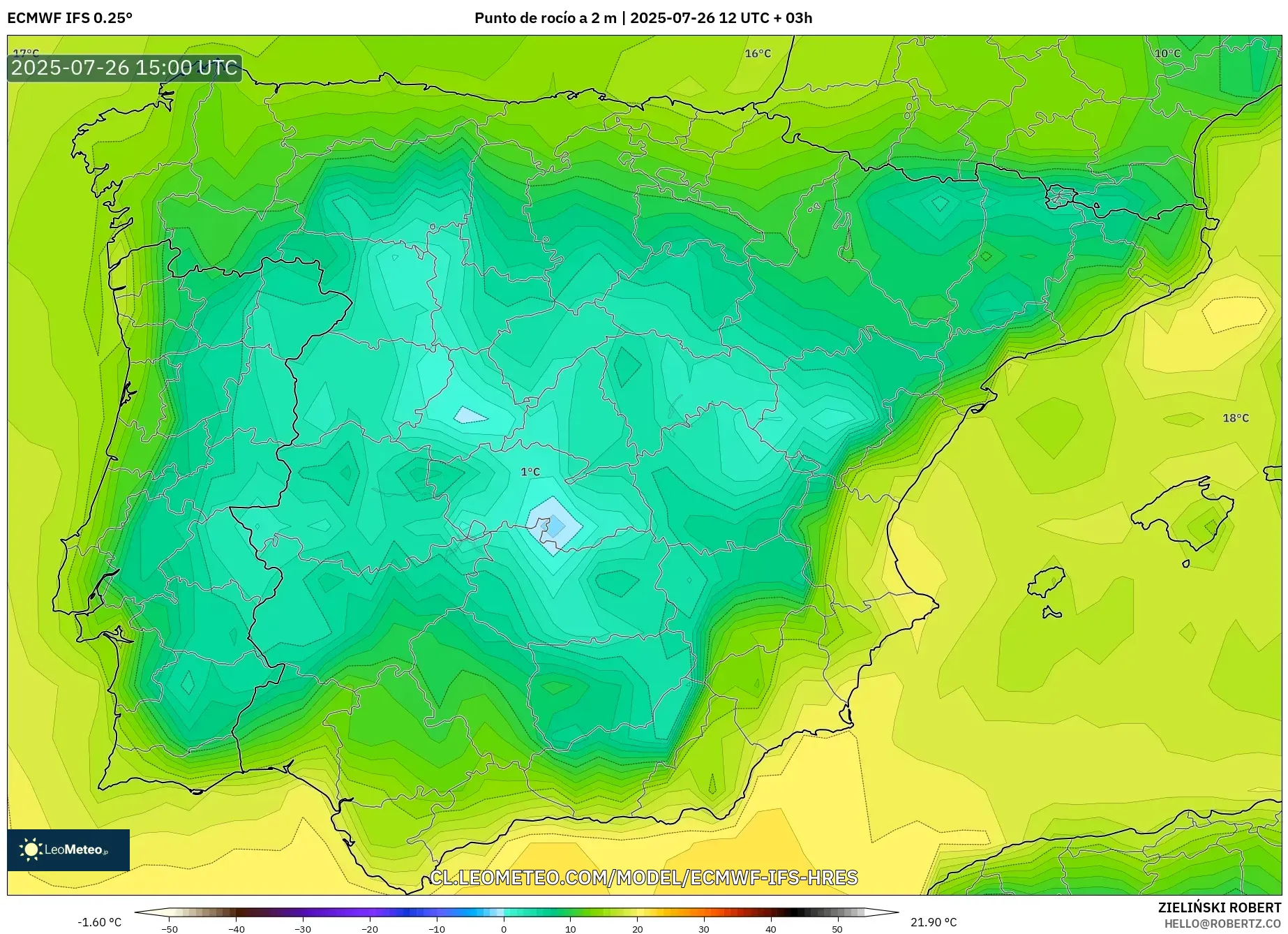 ECMWF IFS 0.25° model - España, Punto de rocío a 2 m ECMWF IFS 0.25° model - España, Punto de rocío a 2 m