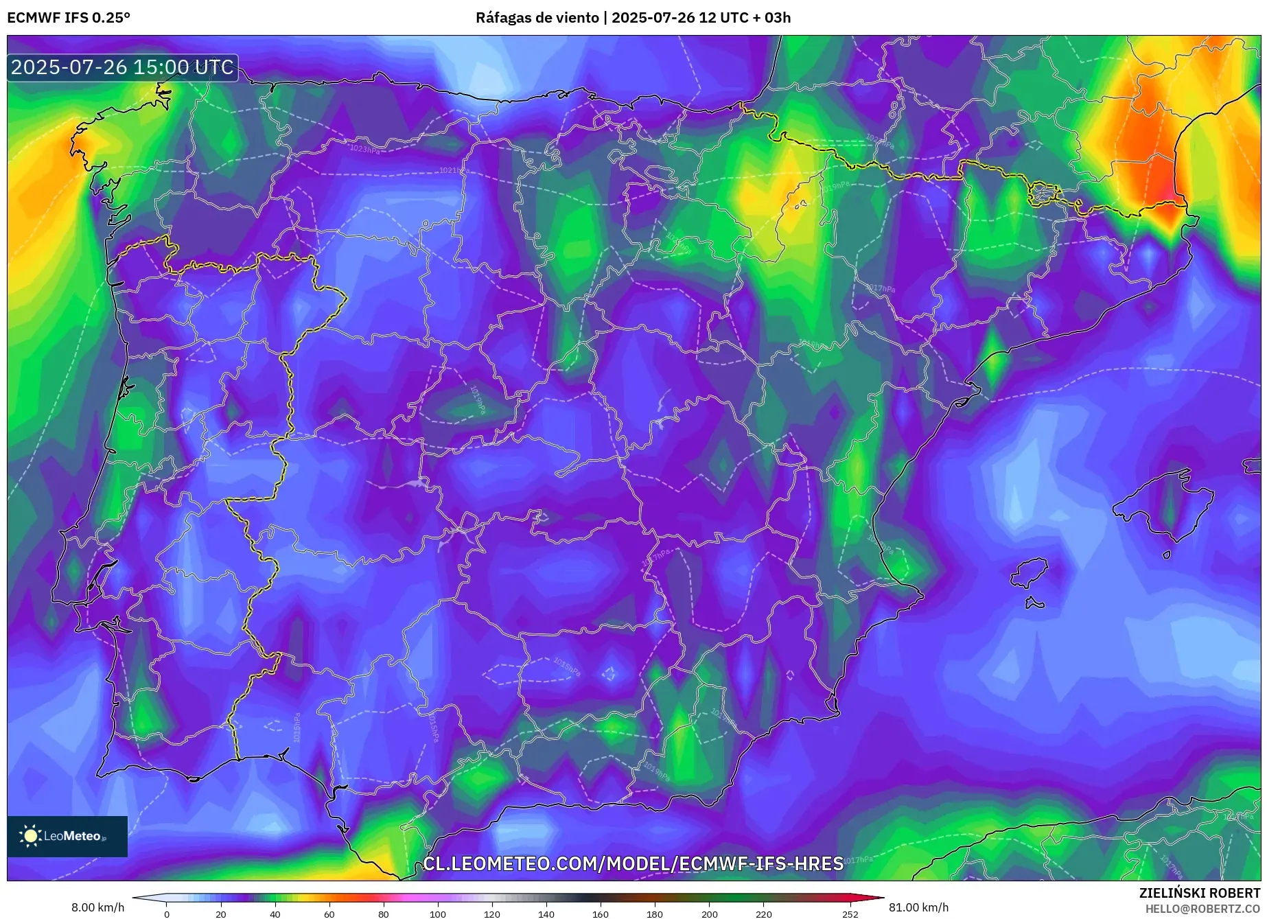 ECMWF IFS 0.25° model - España, Ráfagas de viento ECMWF IFS 0.25° model - España, Ráfagas de viento