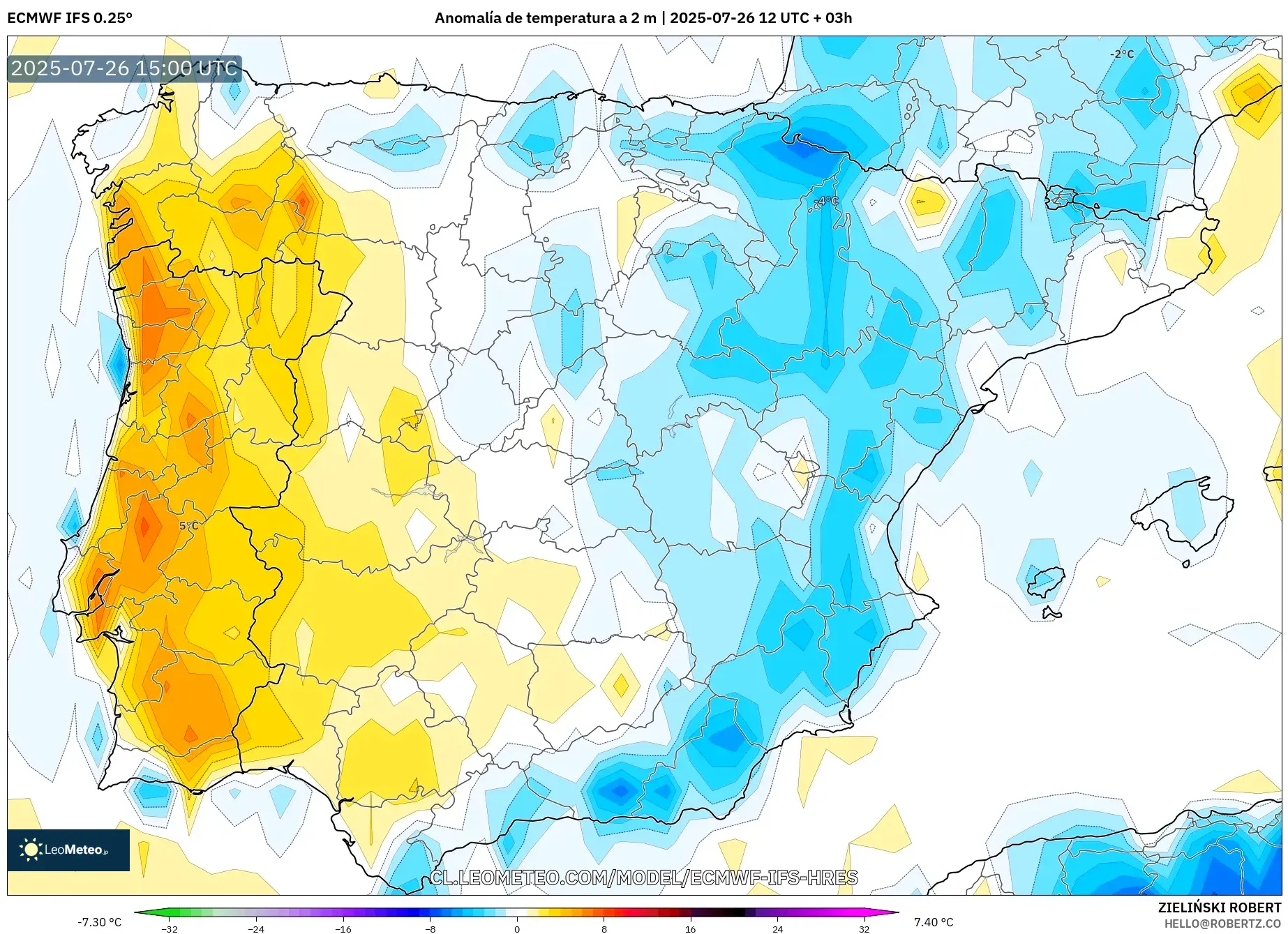 ECMWF IFS 0.25° model - España, Anomalía de temperatura a 2 m ECMWF IFS 0.25° model - España, Anomalía de temperatura a 2 m