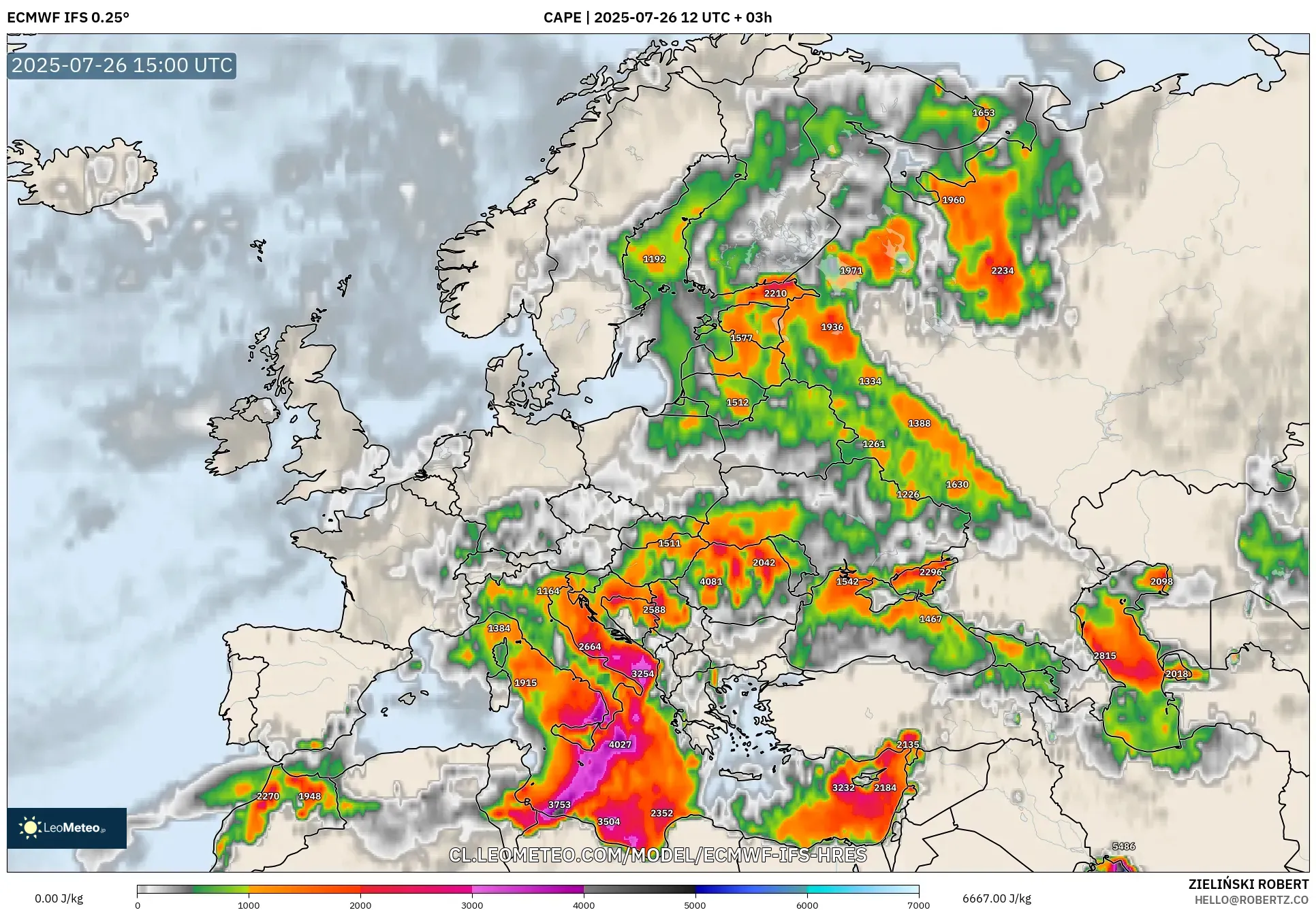 ECMWF IFS 0.25° model - Europa, CAPE ECMWF IFS 0.25° model - Europa, CAPE