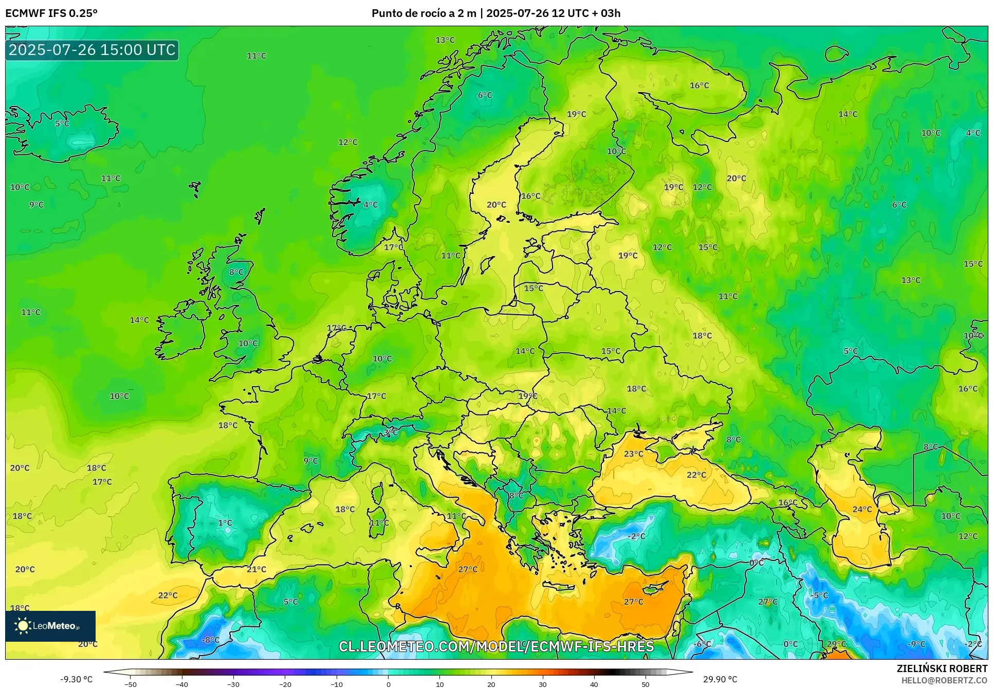 ECMWF IFS 0.25° model - Europa, Punto de rocío a 2 m ECMWF IFS 0.25° model - Europa, Punto de rocío a 2 m