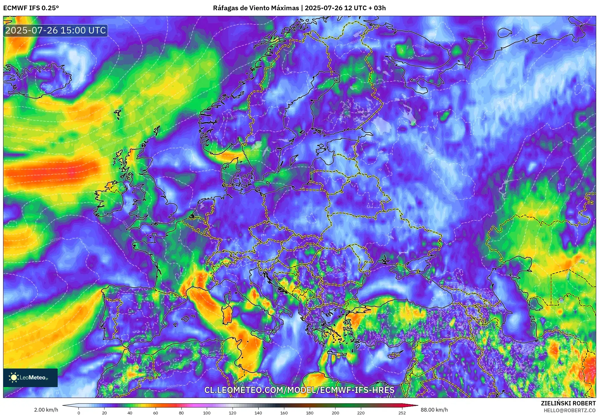 ECMWF IFS 0.25° model - Europa, Ráfagas de Viento Máximas ECMWF IFS 0.25° model - Europa, Ráfagas de Viento Máximas