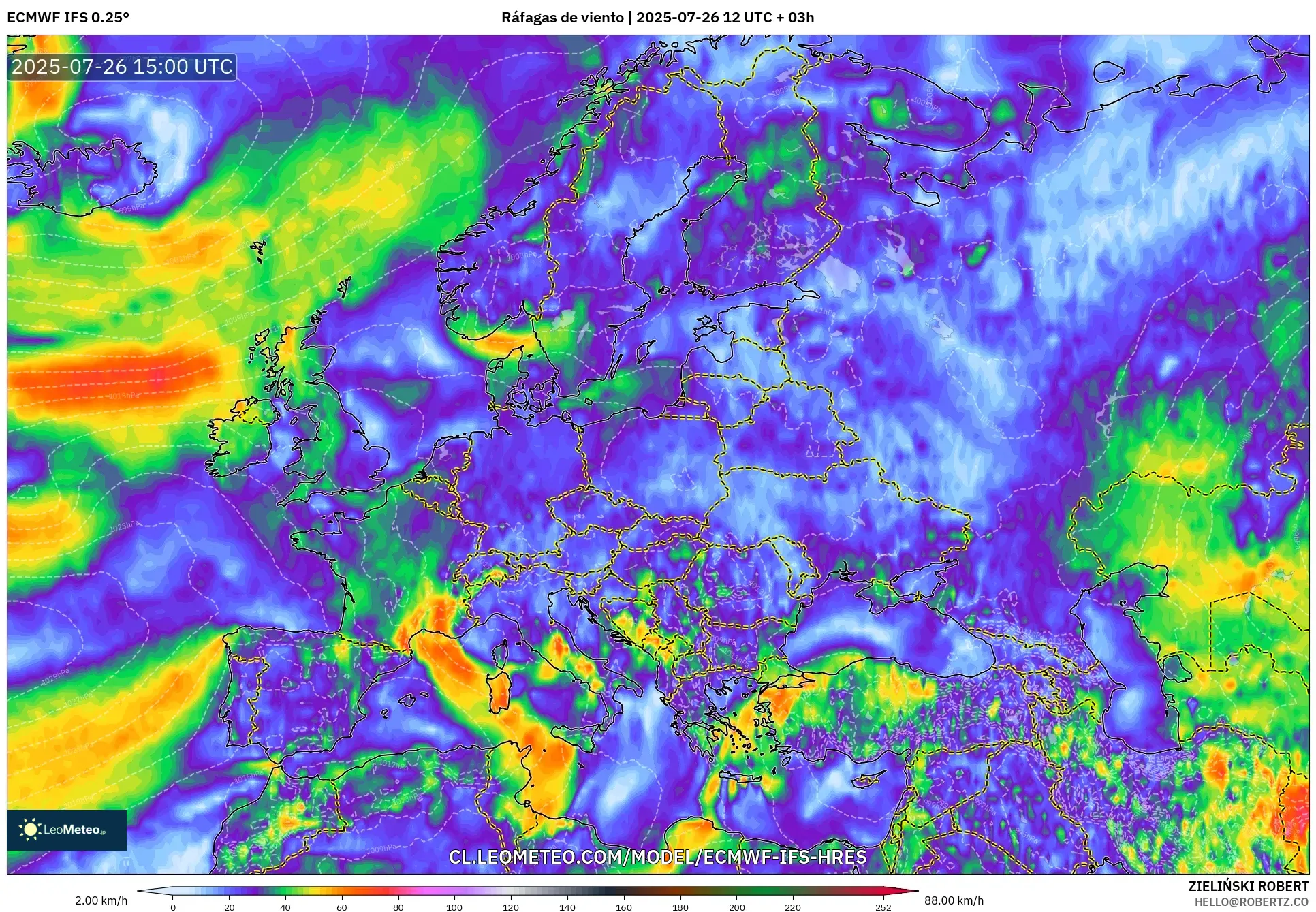ECMWF IFS 0.25° model - Europa, Ráfagas de viento ECMWF IFS 0.25° model - Europa, Ráfagas de viento