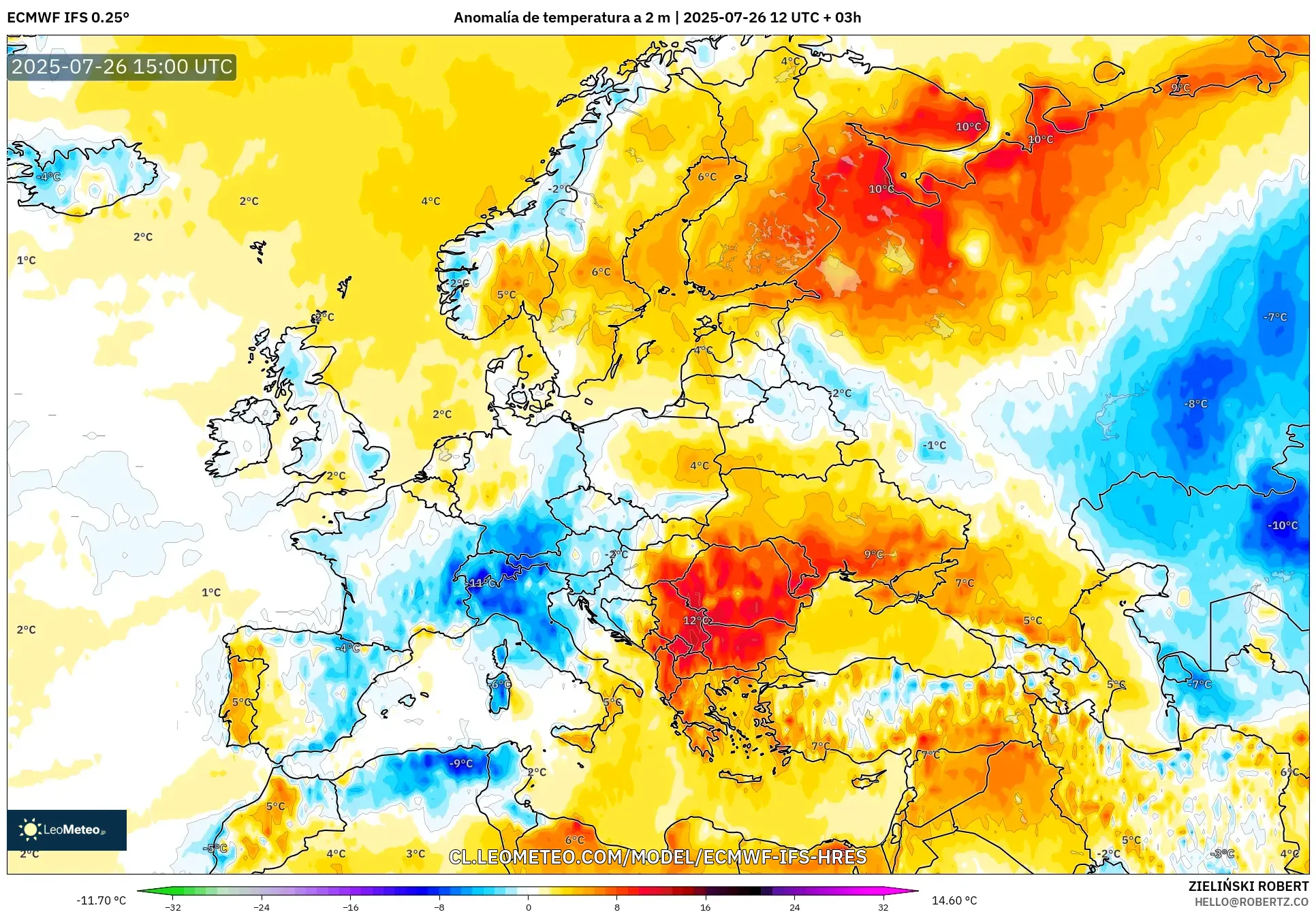 ECMWF IFS 0.25° model - Europa, Anomalía de temperatura a 2 m ECMWF IFS 0.25° model - Europa, Anomalía de temperatura a 2 m