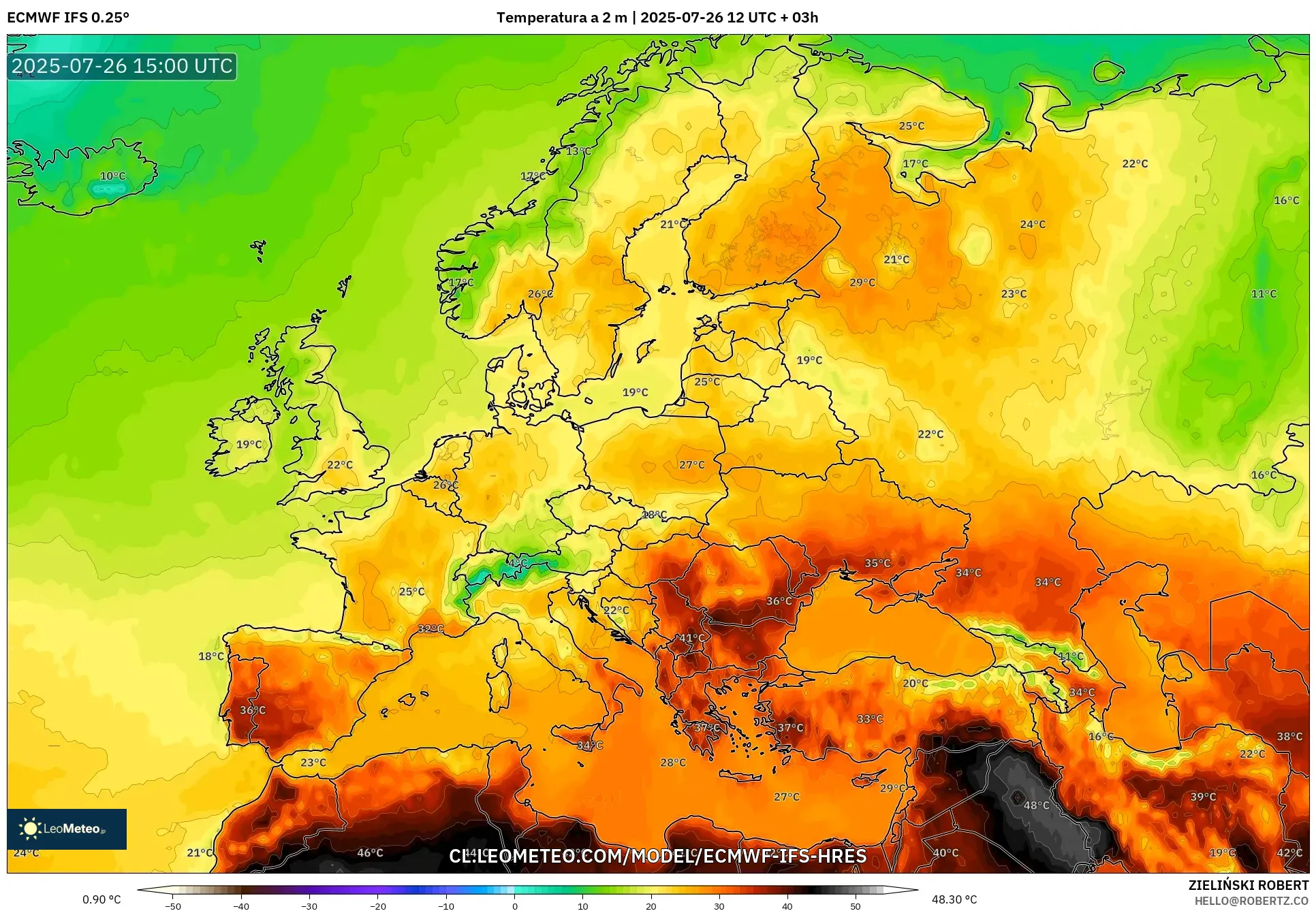 ECMWF IFS 0.25° model - Europa, Temperatura a 2 m ECMWF IFS 0.25° model - Europa, Temperatura a 2 m