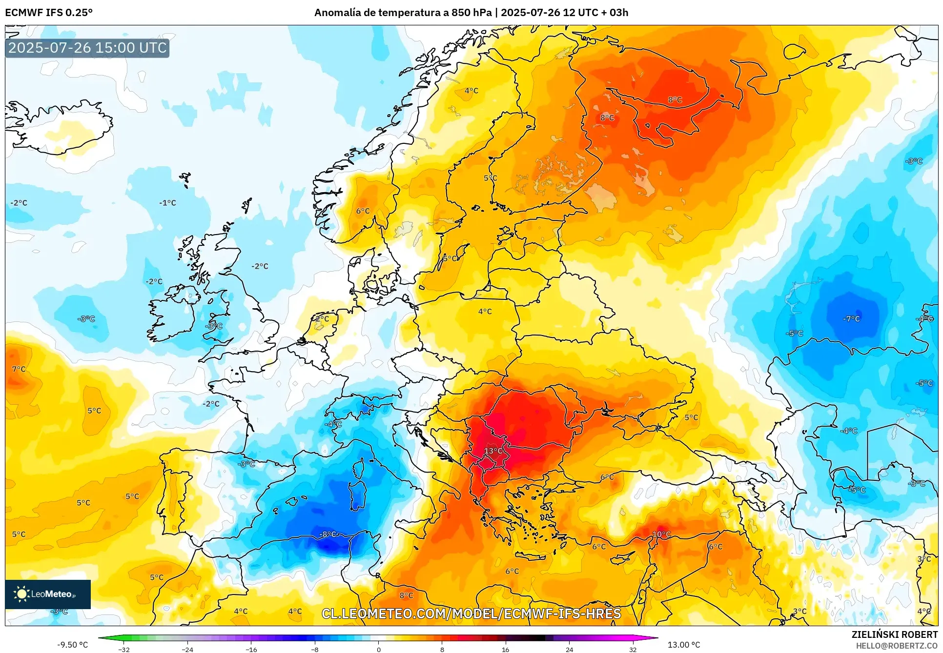 ECMWF IFS 0.25° model - Europa, Anomalía de temperatura a 850 hPa ECMWF IFS 0.25° model - Europa, Anomalía de temperatura a 850 hPa