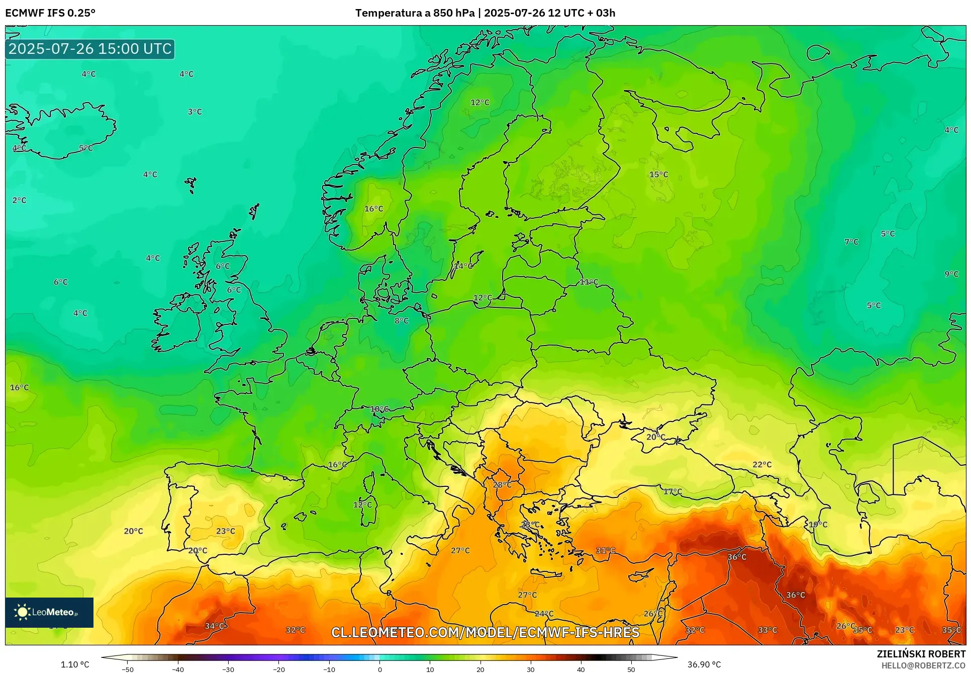 ECMWF IFS 0.25° model - Europa, Temperatura a 850 hPa ECMWF IFS 0.25° model - Europa, Temperatura a 850 hPa
