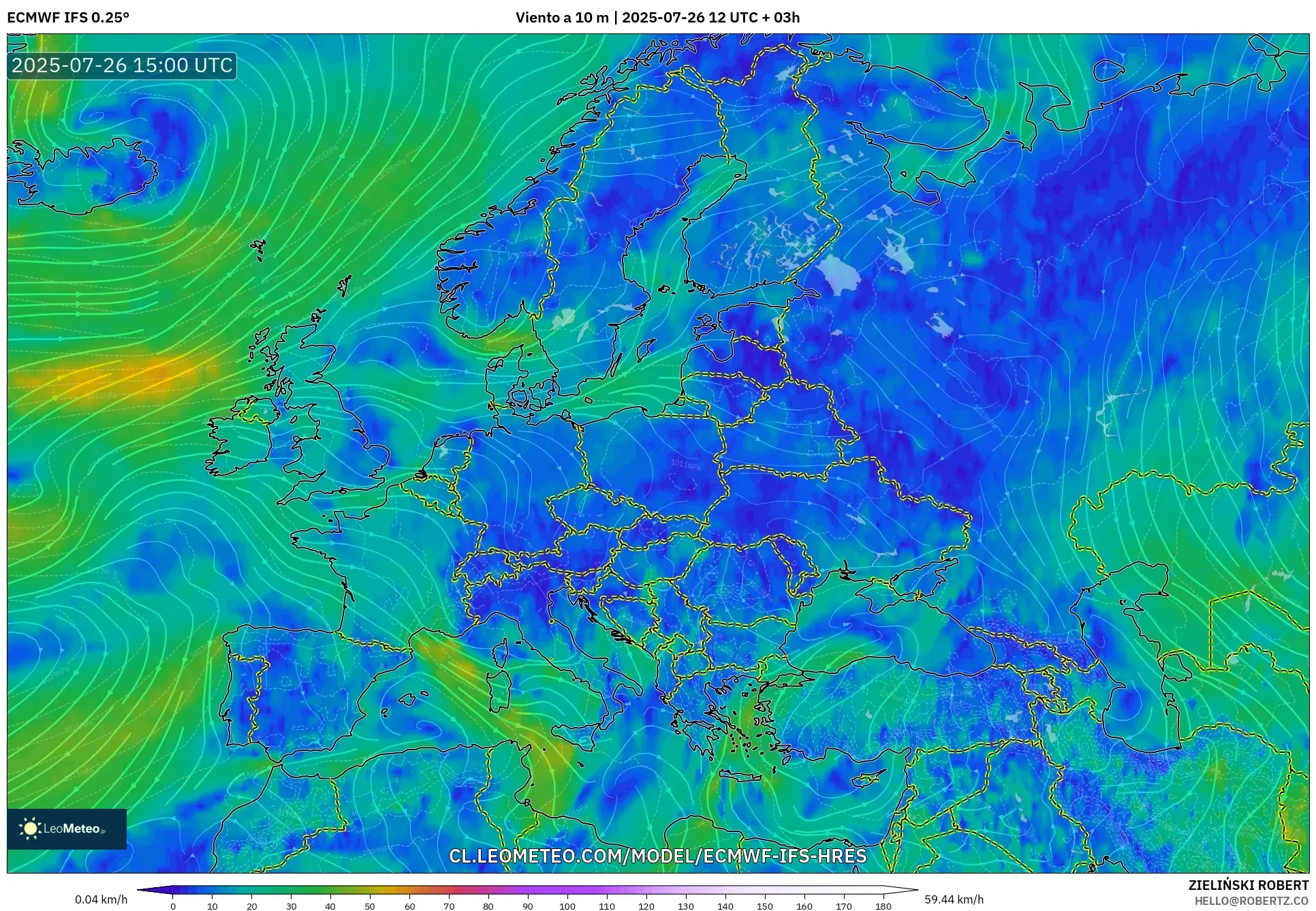 ECMWF IFS 0.25° model - Europa, Viento a 10 m ECMWF IFS 0.25° model - Europa, Viento a 10 m