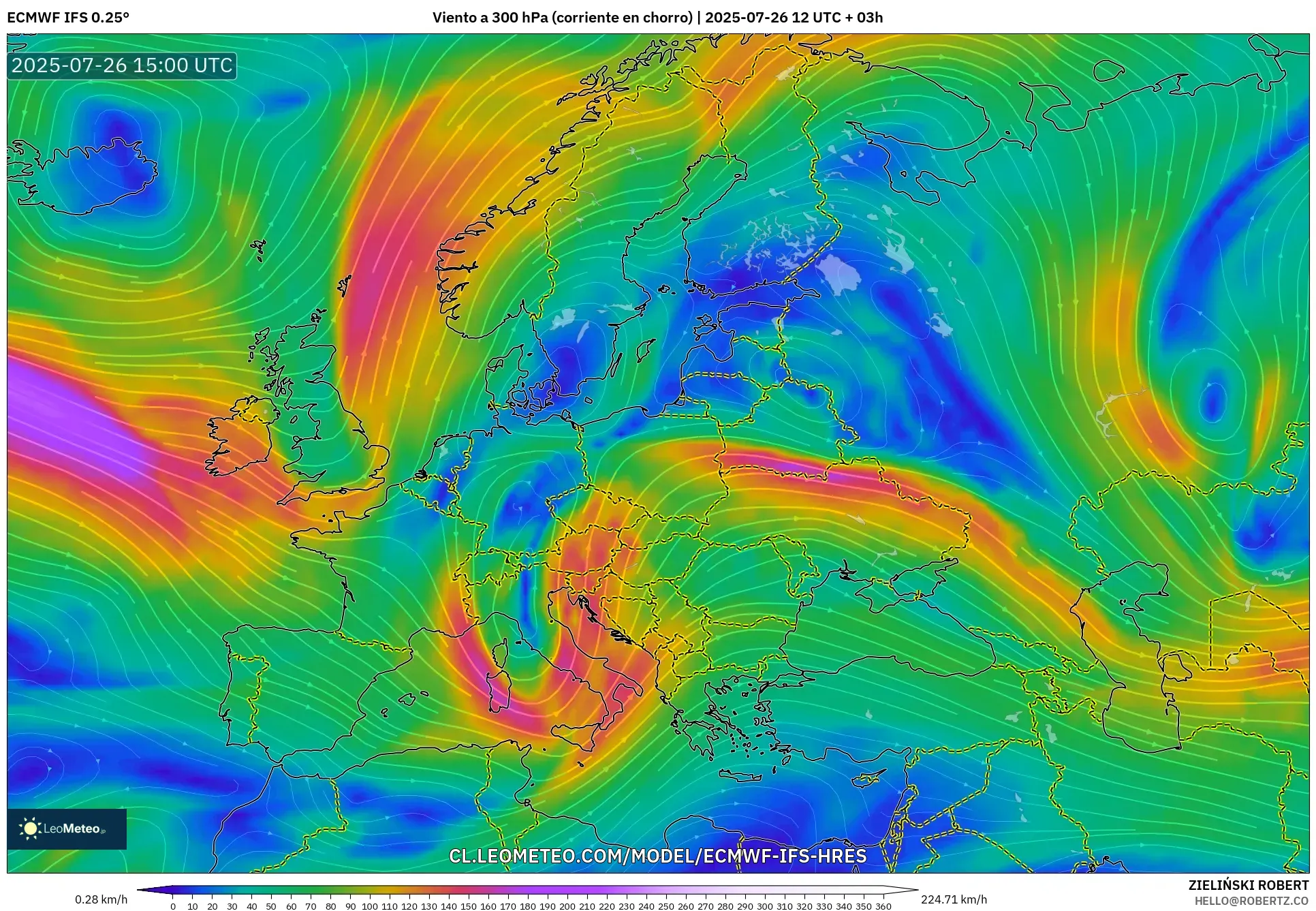 ECMWF IFS 0.25° model - Europa, Viento a 300 hPa (corriente en chorro) ECMWF IFS 0.25° model - Europa, Viento a 300 hPa (corriente en chorro)