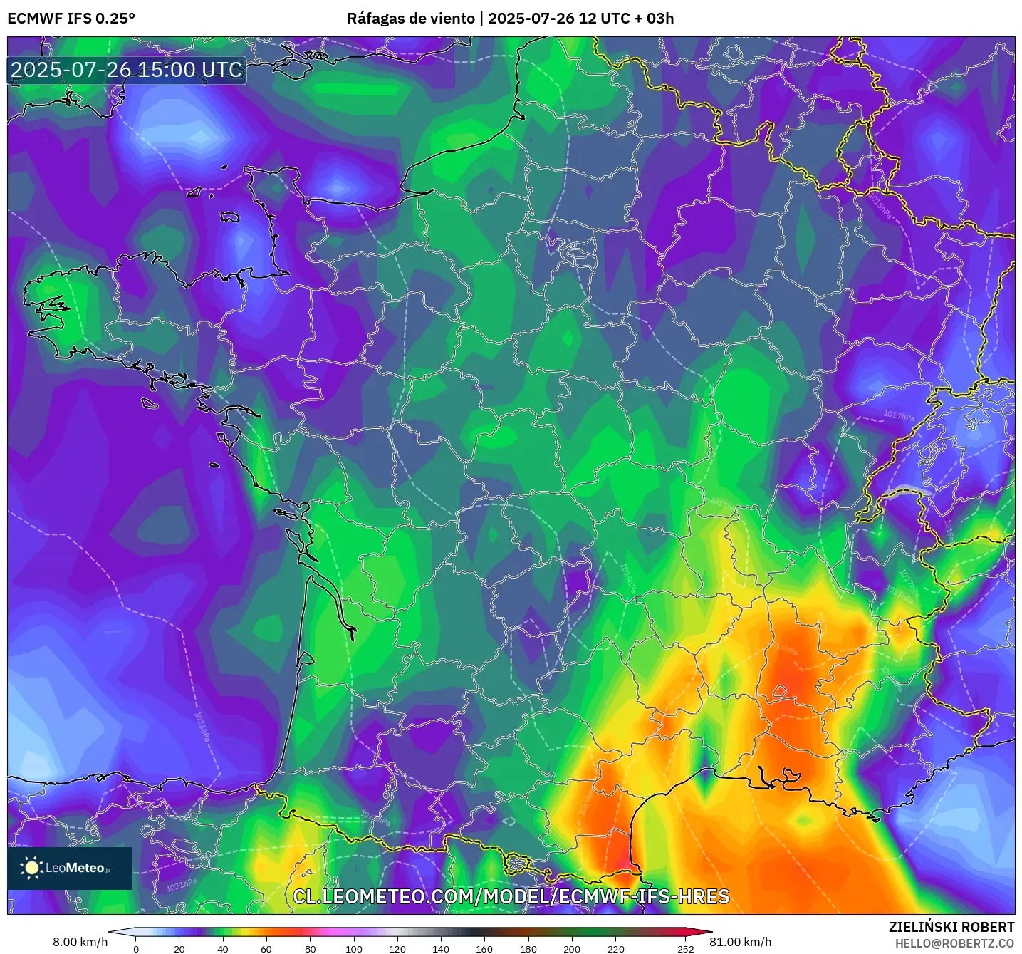 ECMWF IFS 0.25° model - Francia, Ráfagas de viento ECMWF IFS 0.25° model - Francia, Ráfagas de viento