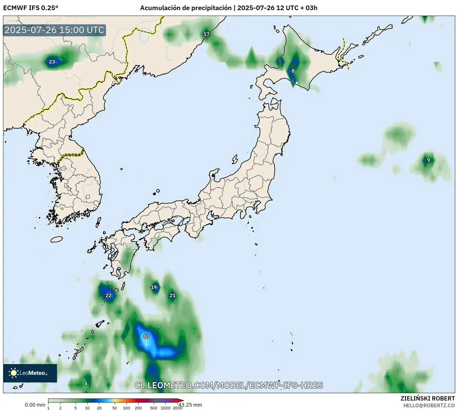 ECMWF IFS 0.25° model - Japón, Acumulación de precipitación ECMWF IFS 0.25° model - Japón, Acumulación de precipitación