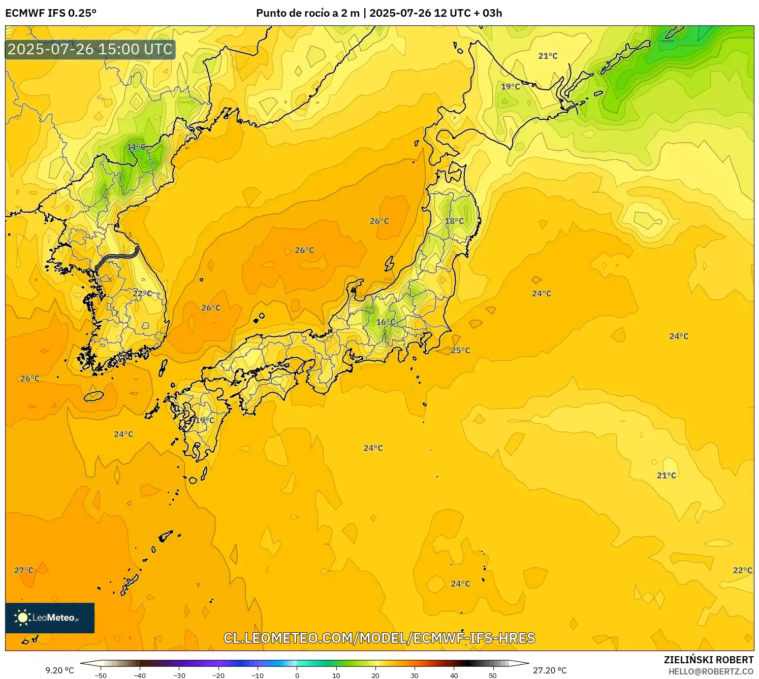 ECMWF IFS 0.25° model - Japón, Punto de rocío a 2 m ECMWF IFS 0.25° model - Japón, Punto de rocío a 2 m