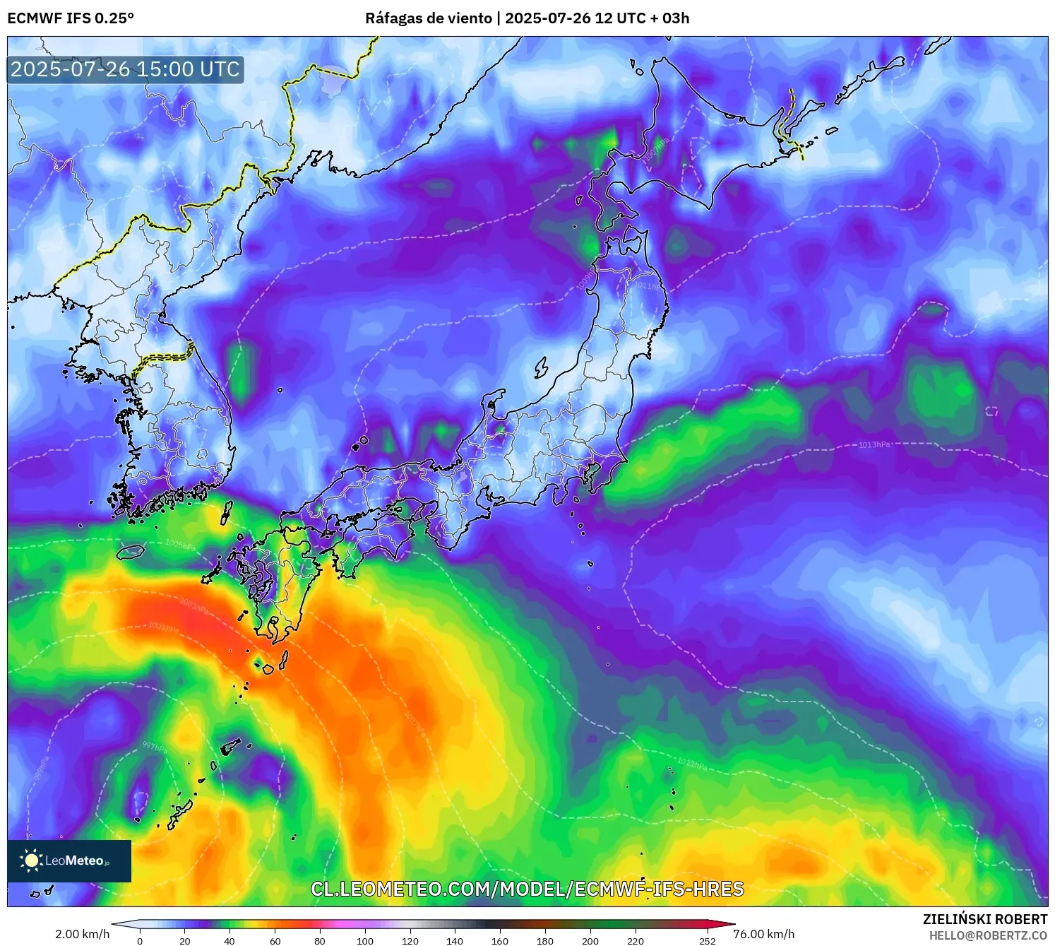 ECMWF IFS 0.25° model - Japón, Ráfagas de viento ECMWF IFS 0.25° model - Japón, Ráfagas de viento