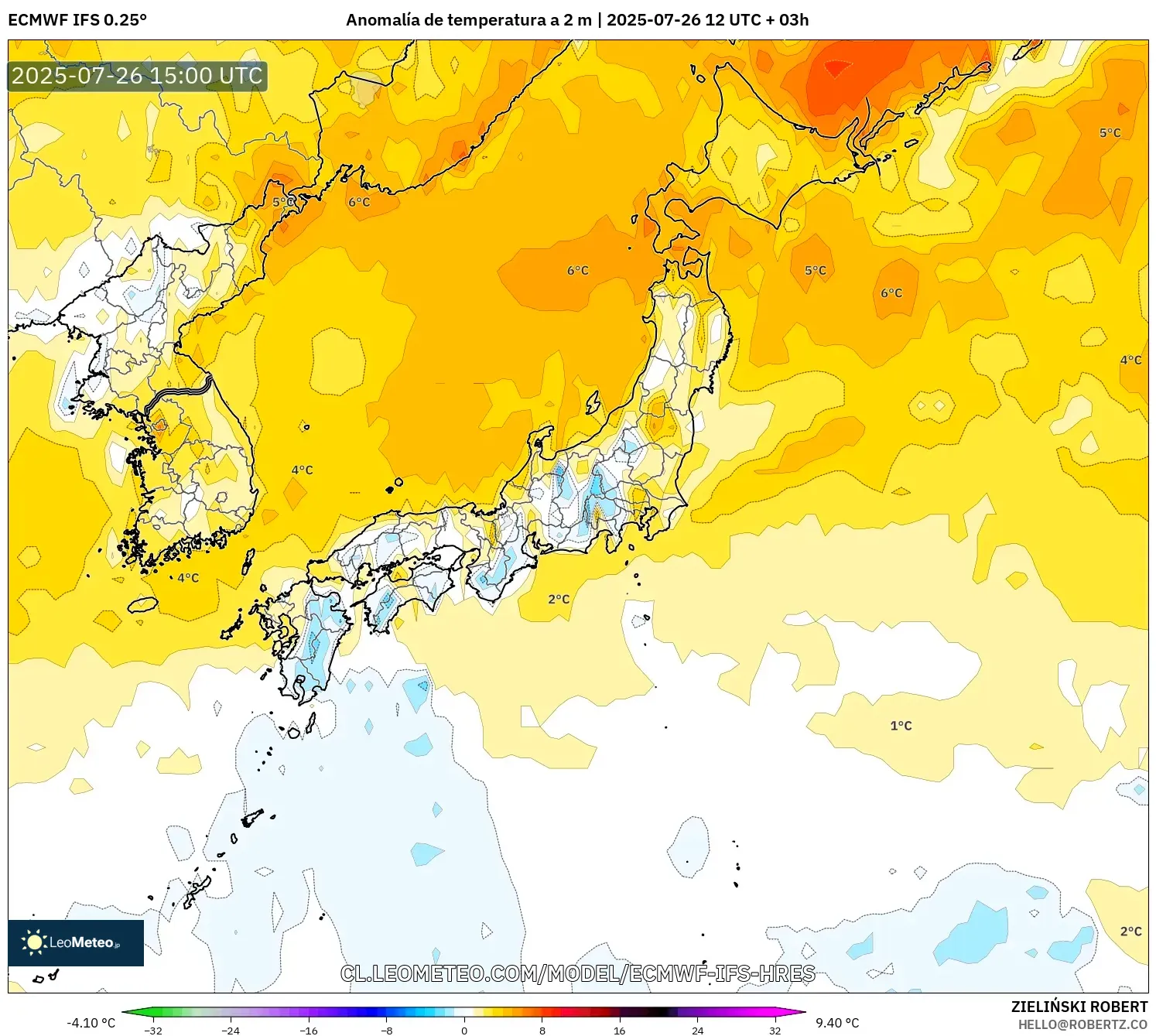 ECMWF IFS 0.25° model - Japón, Anomalía de temperatura a 2 m ECMWF IFS 0.25° model - Japón, Anomalía de temperatura a 2 m