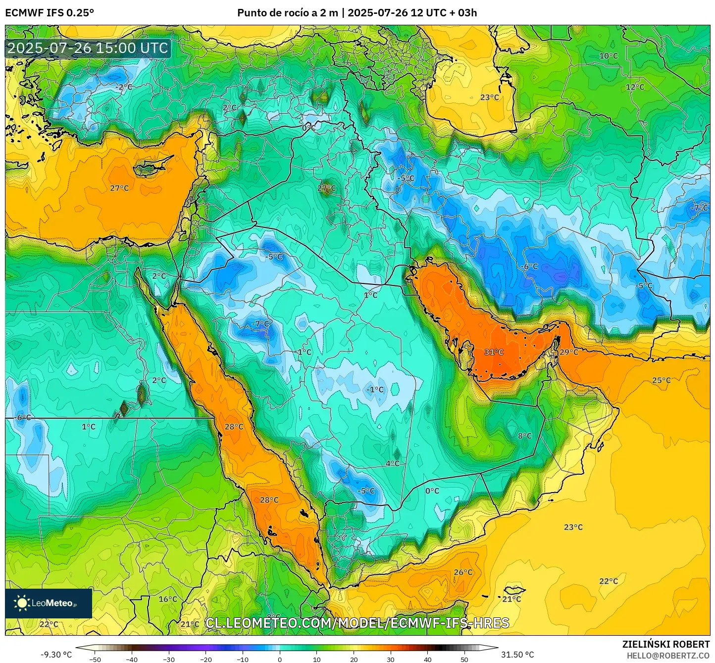 ECMWF IFS 0.25° model - Oriente Medio, Punto de rocío a 2 m ECMWF IFS 0.25° model - Oriente Medio, Punto de rocío a 2 m