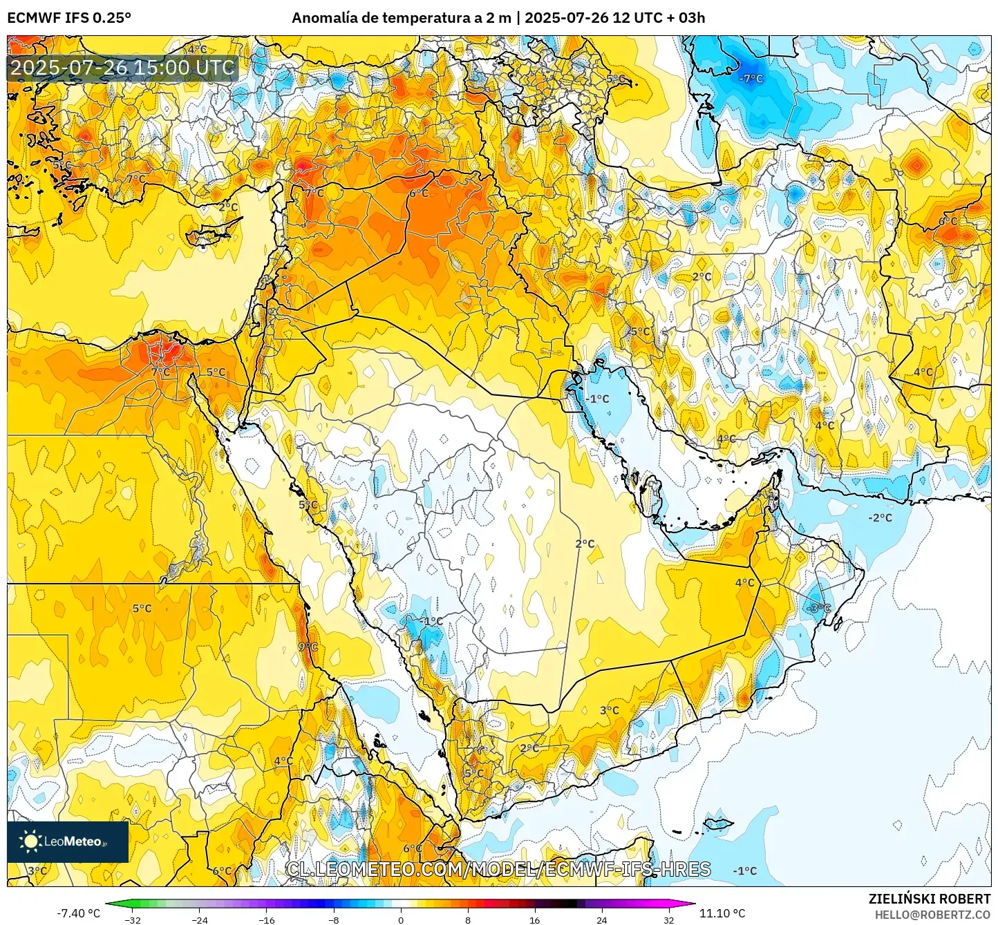 ECMWF IFS 0.25° model - Oriente Medio, Anomalía de temperatura a 2 m ECMWF IFS 0.25° model - Oriente Medio, Anomalía de temperatura a 2 m