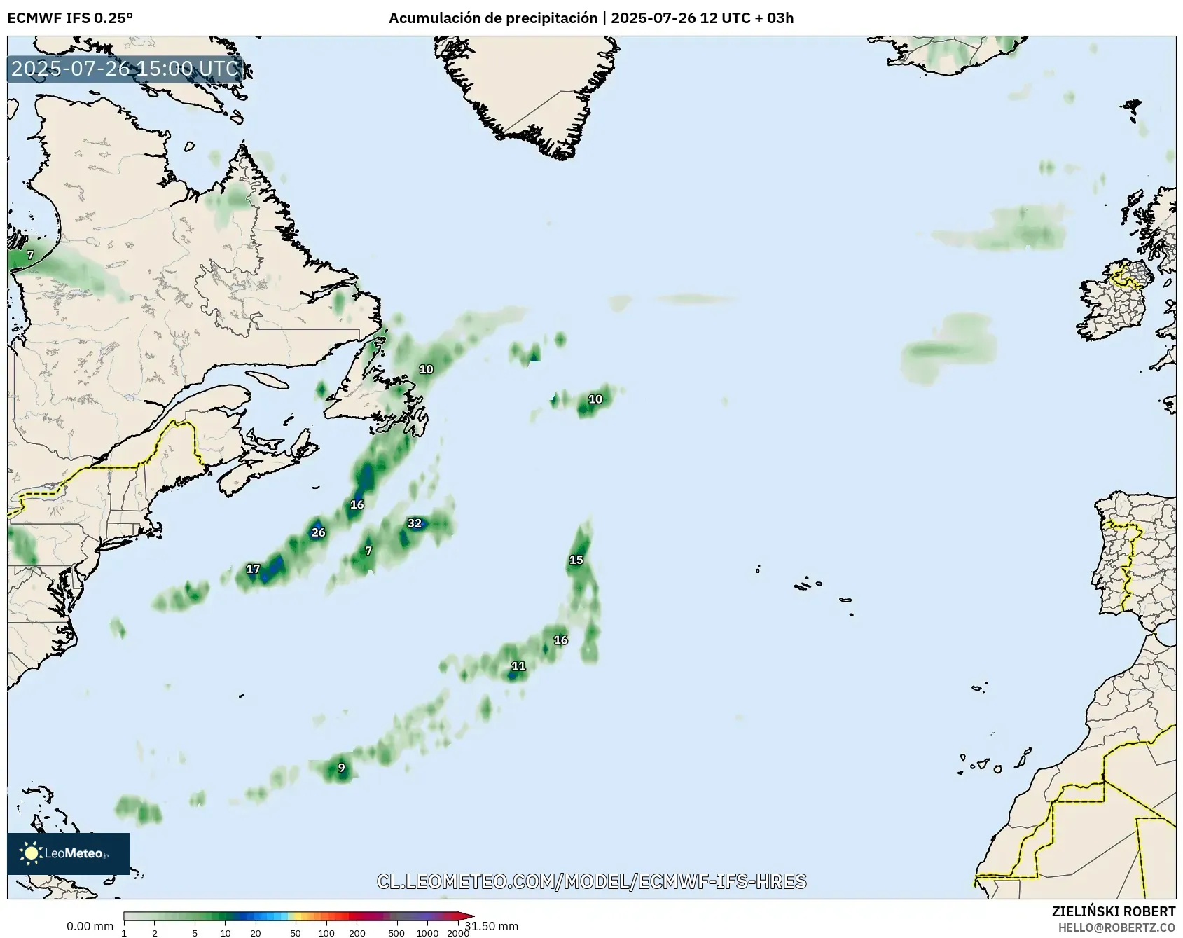 ECMWF IFS 0.25° model - Norte Atlántico, Acumulación de precipitación ECMWF IFS 0.25° model - Norte Atlántico, Acumulación de precipitación