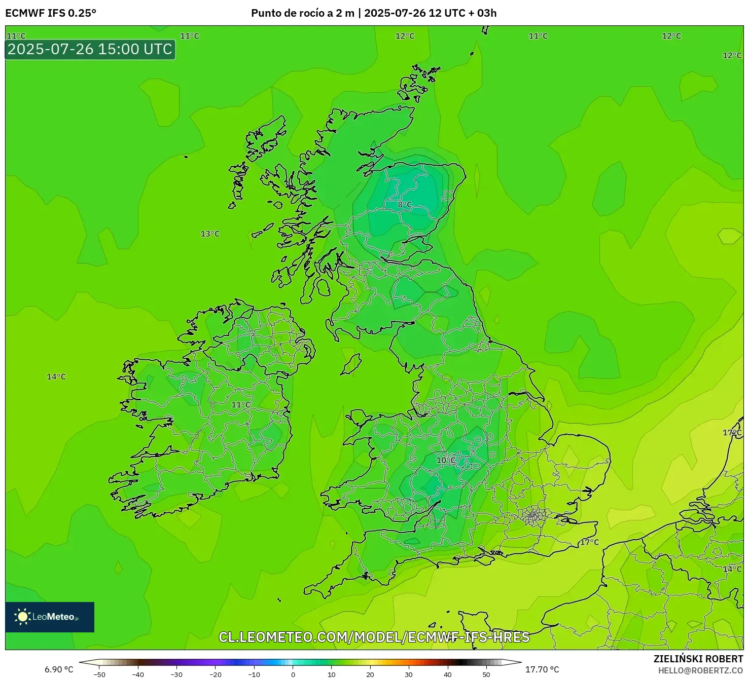 ECMWF IFS 0.25° model - Reino Unido, Punto de rocío a 2 m ECMWF IFS 0.25° model - Reino Unido, Punto de rocío a 2 m