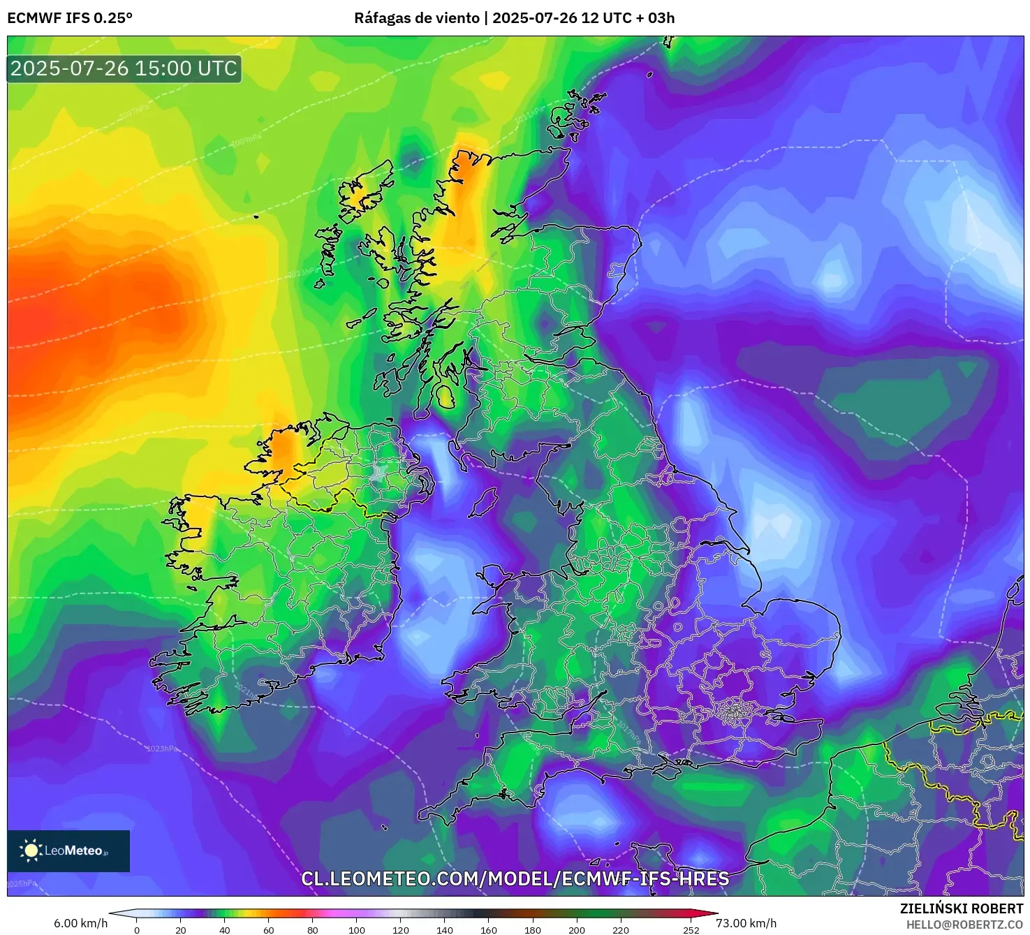 ECMWF IFS 0.25° model - Reino Unido, Ráfagas de viento ECMWF IFS 0.25° model - Reino Unido, Ráfagas de viento