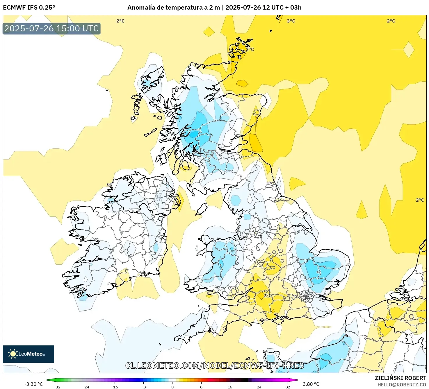 ECMWF IFS 0.25° model - Reino Unido, Anomalía de temperatura a 2 m ECMWF IFS 0.25° model - Reino Unido, Anomalía de temperatura a 2 m
