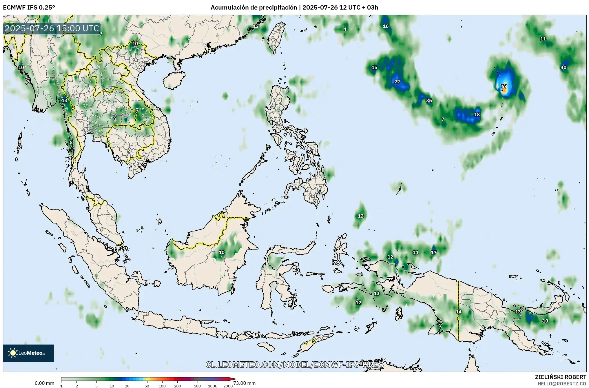 ECMWF IFS 0.25° model - Sudeste Asiático, Acumulación de precipitación ECMWF IFS 0.25° model - Sudeste Asiático, Acumulación de precipitación