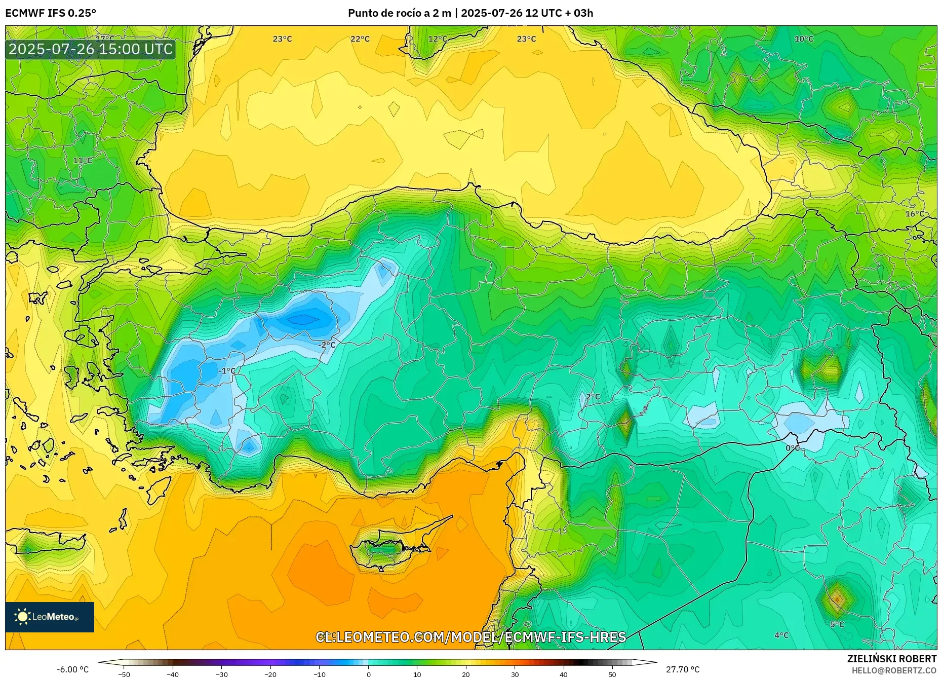 ECMWF IFS 0.25° model - Turquía, Punto de rocío a 2 m