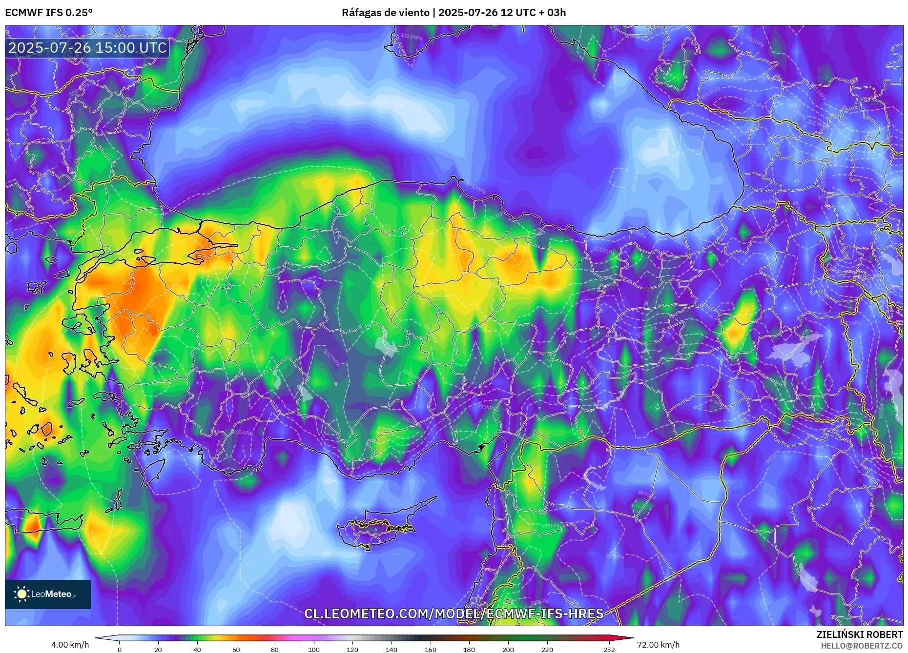 ECMWF IFS 0.25° model - Turquía, Ráfagas de viento ECMWF IFS 0.25° model - Turquía, Ráfagas de viento
