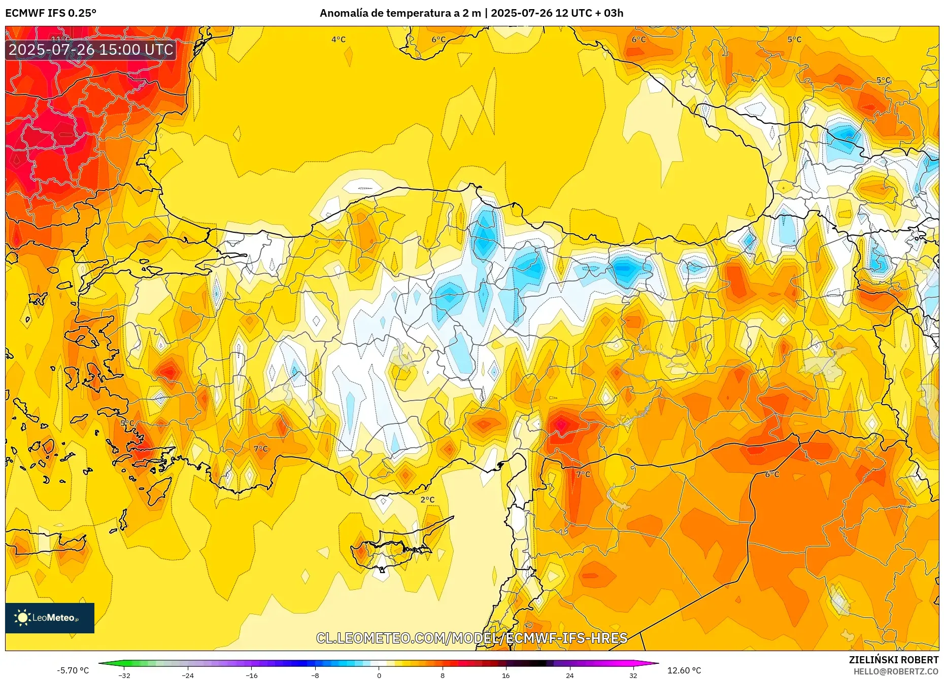 ECMWF IFS 0.25° model - Turquía, Anomalía de temperatura a 2 m ECMWF IFS 0.25° model - Turquía, Anomalía de temperatura a 2 m