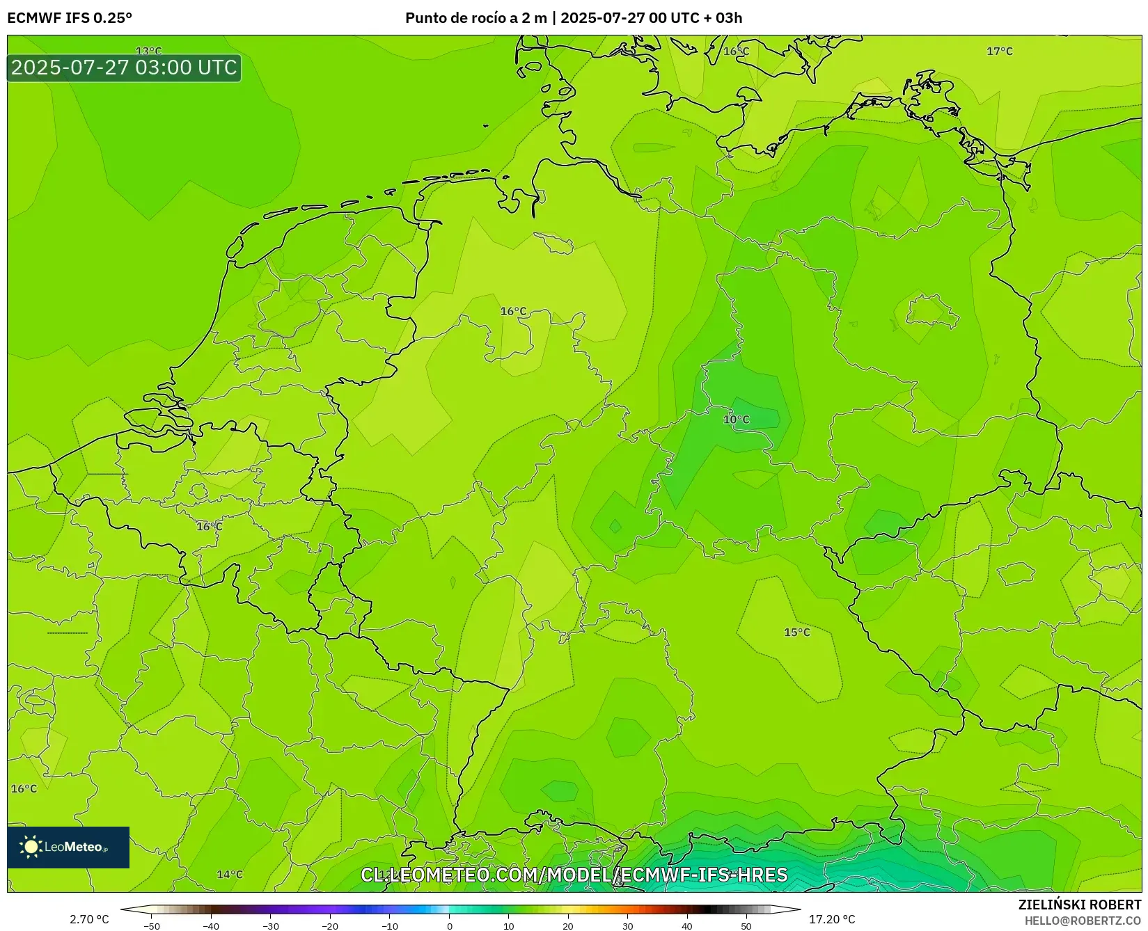 ECMWF IFS 0.25° model - Alemania, Punto de rocío a 2 m ECMWF IFS 0.25° model - Alemania, Punto de rocío a 2 m