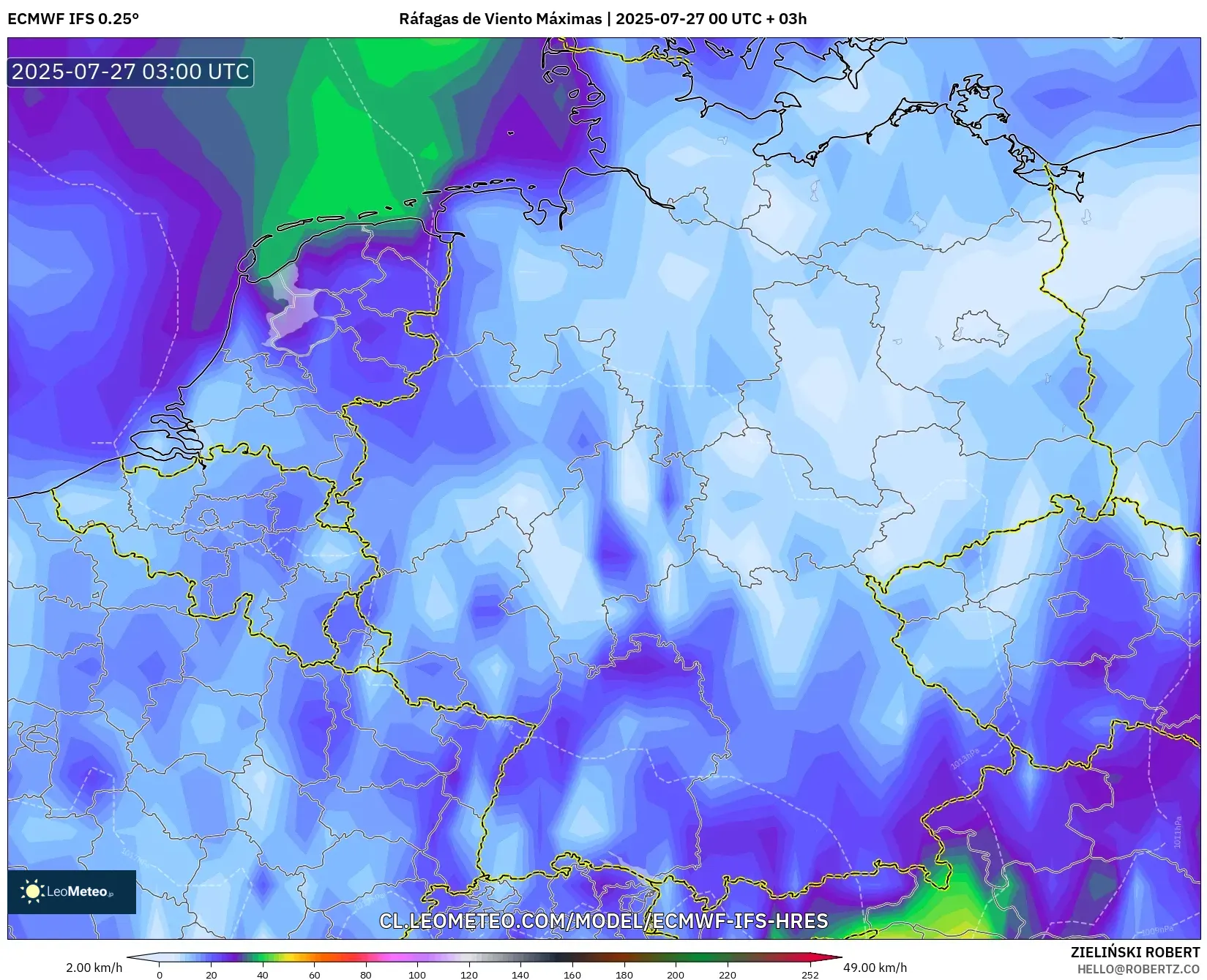 ECMWF IFS 0.25° model - Alemania, Ráfagas de Viento Máximas ECMWF IFS 0.25° model - Alemania, Ráfagas de Viento Máximas