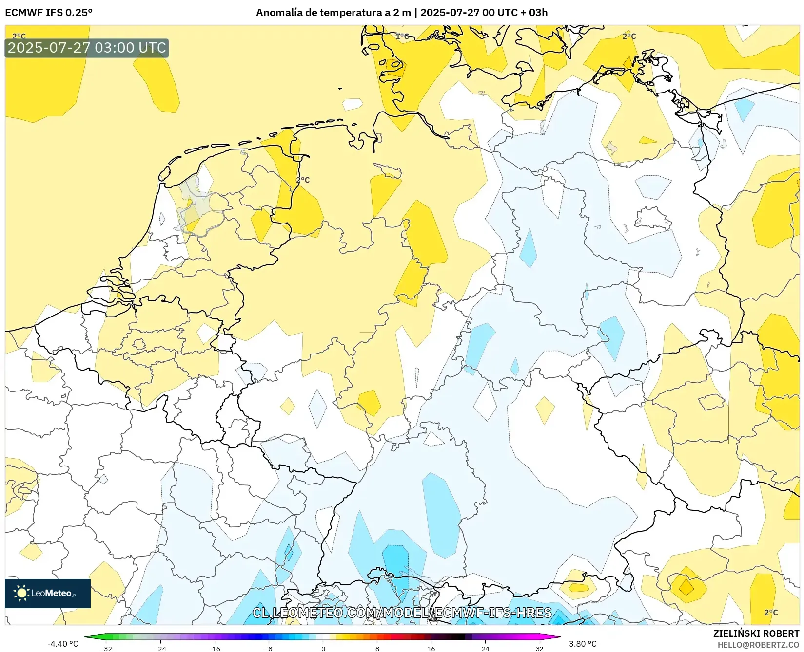 ECMWF IFS 0.25° model - Alemania, Anomalía de temperatura a 2 m ECMWF IFS 0.25° model - Alemania, Anomalía de temperatura a 2 m