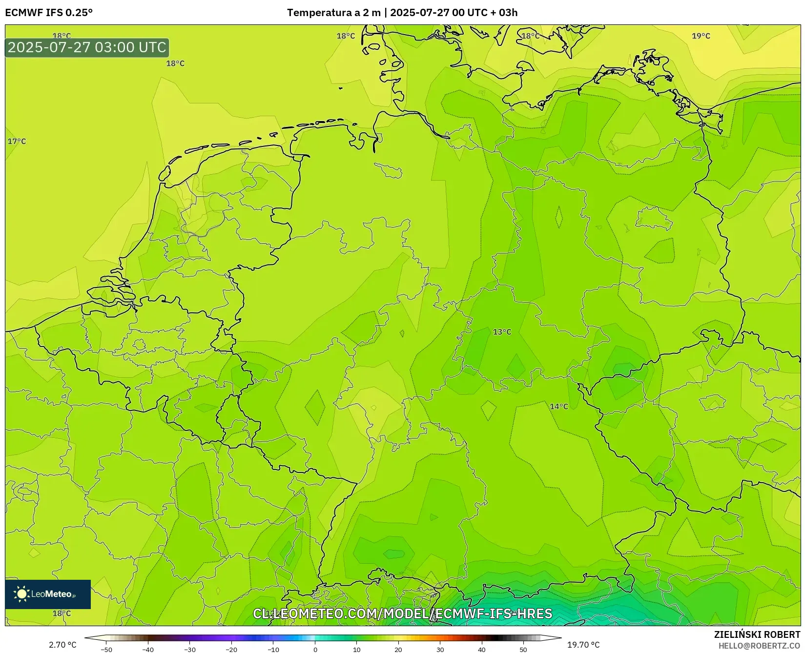 ECMWF IFS 0.25° model - Alemania, Temperatura a 2 m