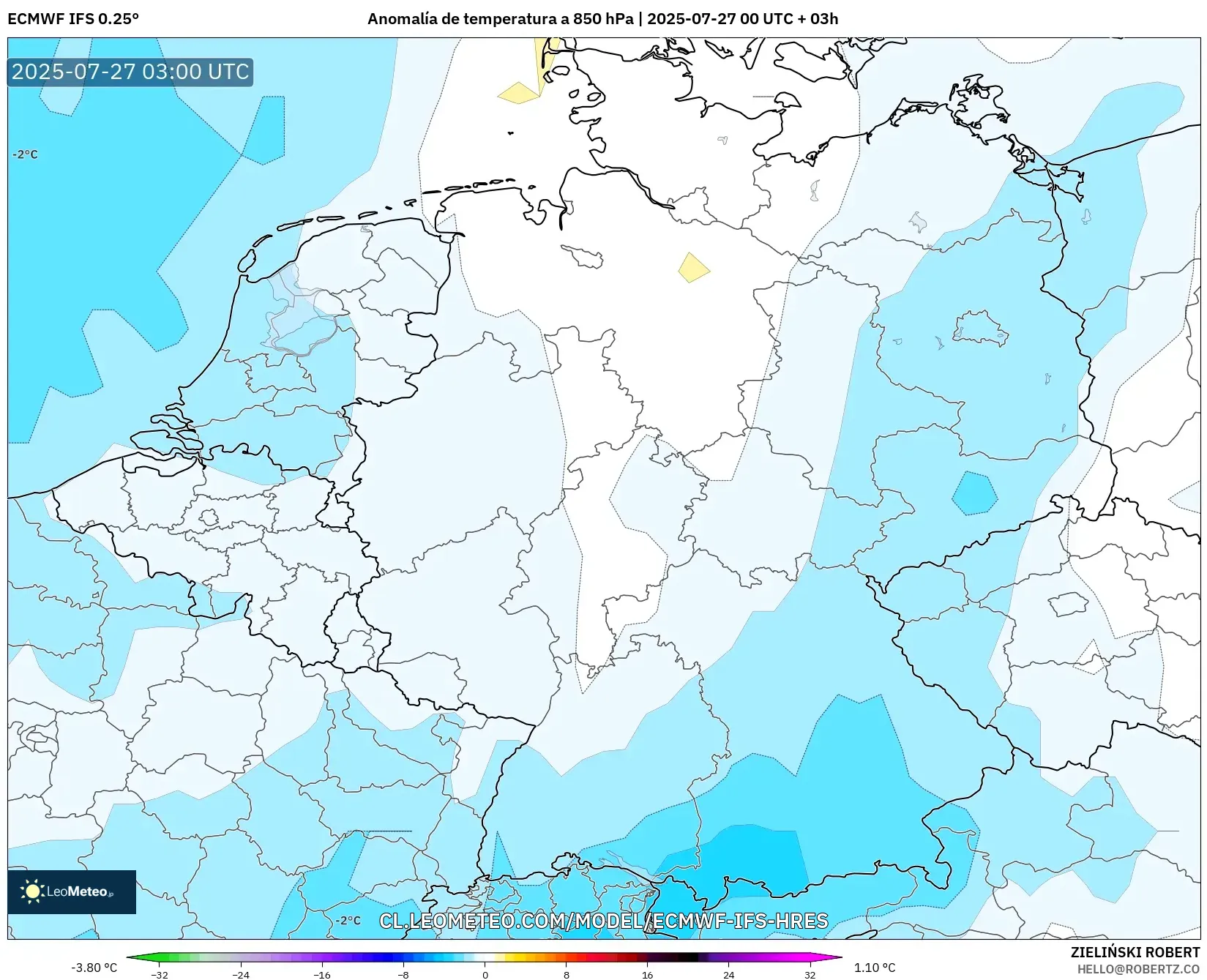ECMWF IFS 0.25° model - Alemania, Anomalía de temperatura a 850 hPa ECMWF IFS 0.25° model - Alemania, Anomalía de temperatura a 850 hPa