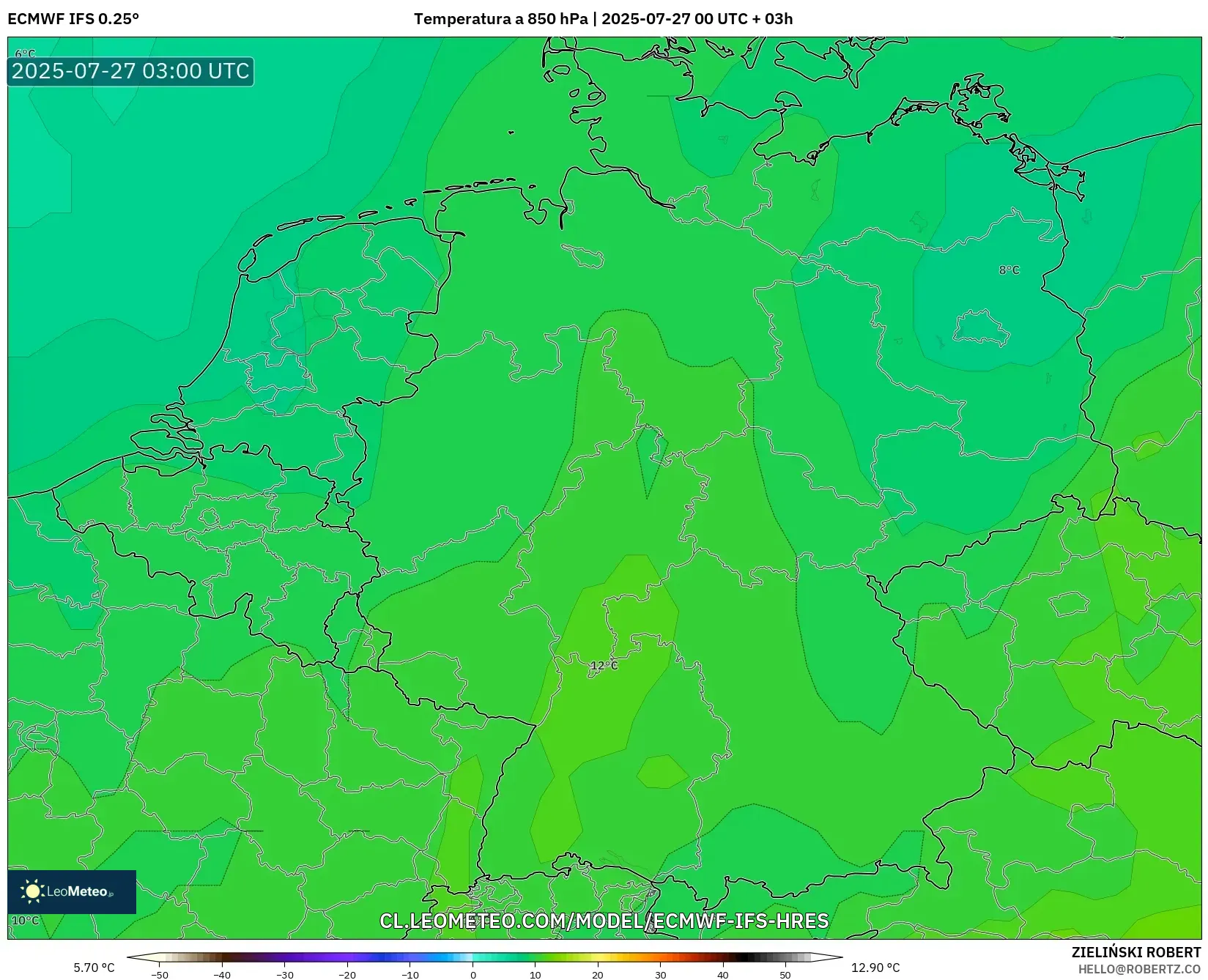 ECMWF IFS 0.25° model - Alemania, Temperatura a 850 hPa ECMWF IFS 0.25° model - Alemania, Temperatura a 850 hPa