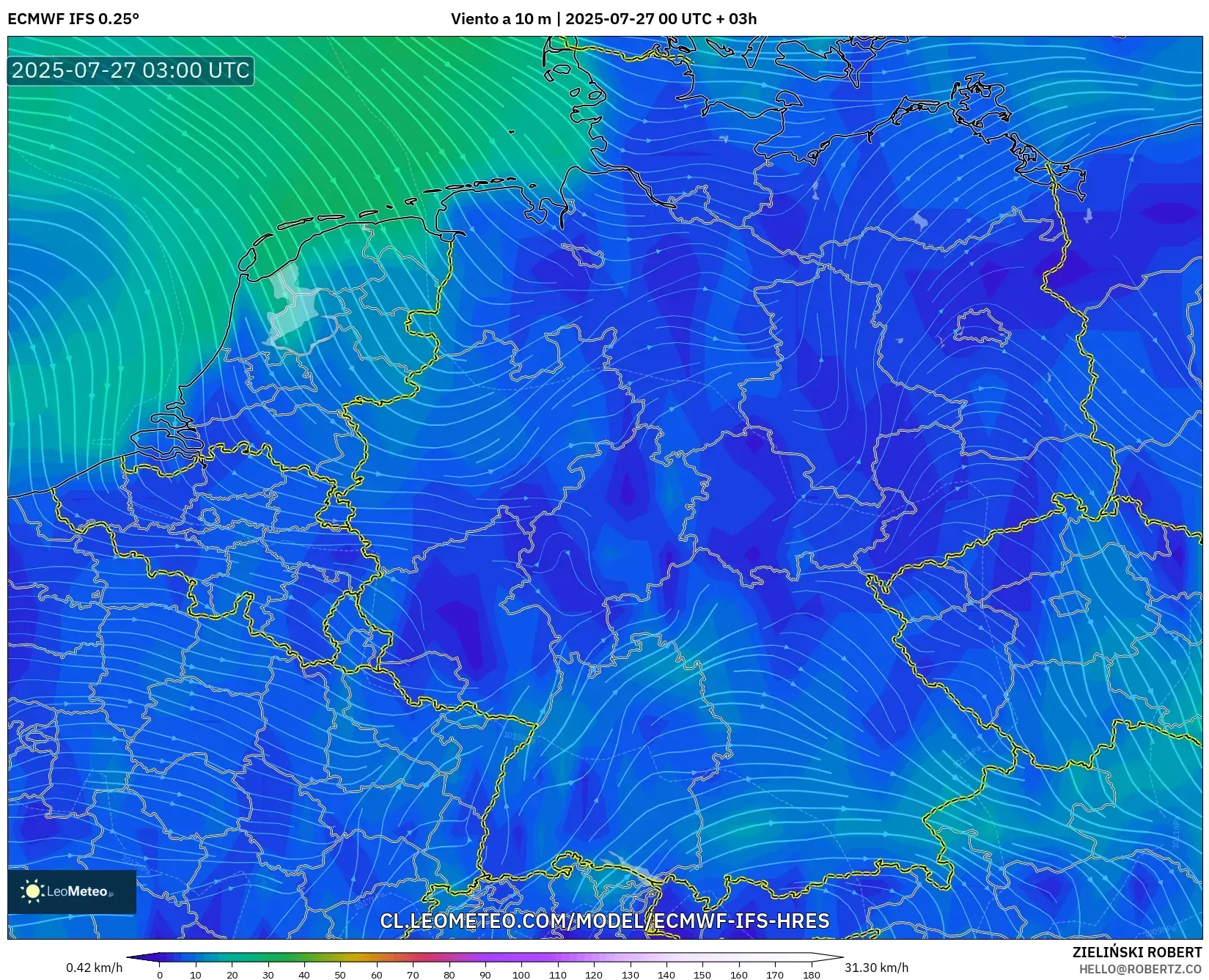 ECMWF IFS 0.25° model - Alemania, Viento a 10 m ECMWF IFS 0.25° model - Alemania, Viento a 10 m