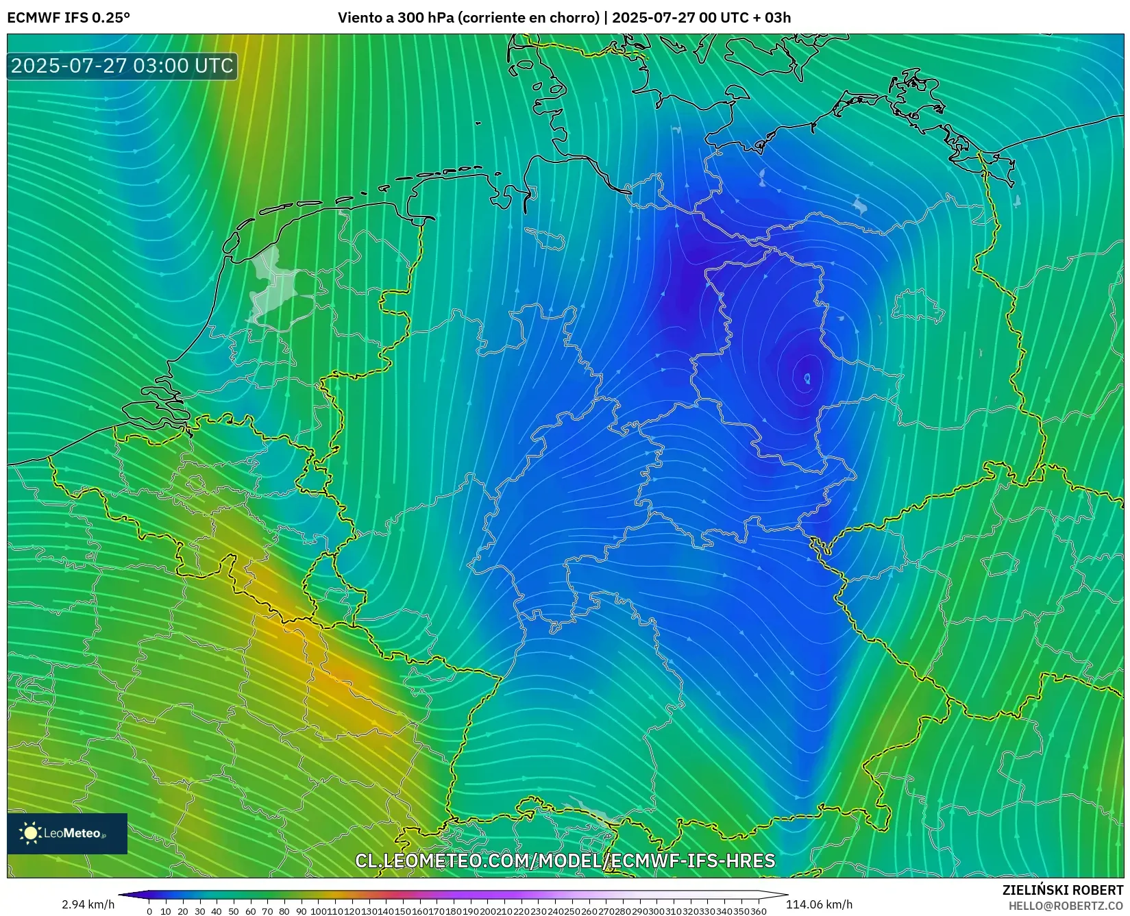ECMWF IFS 0.25° model - Alemania, Viento a 300 hPa (corriente en chorro) ECMWF IFS 0.25° model - Alemania, Viento a 300 hPa (corriente en chorro)