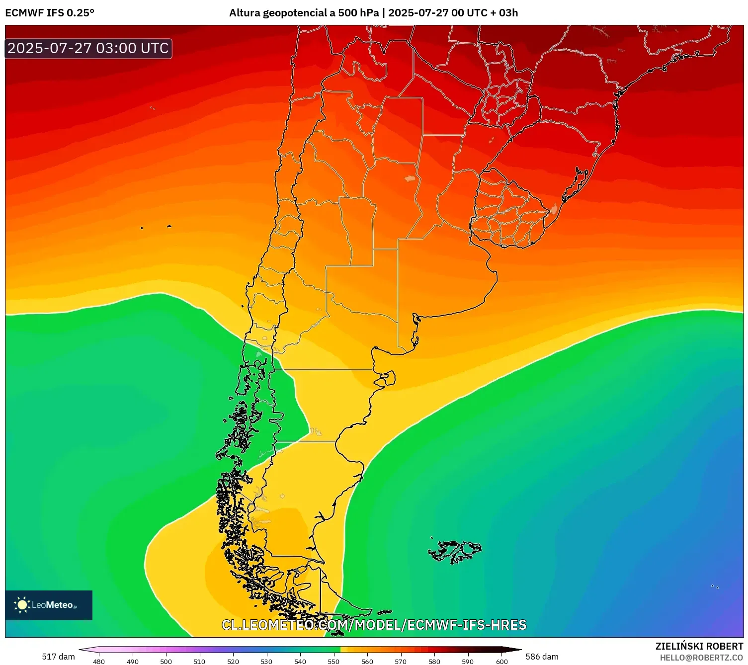 ECMWF IFS 0.25° model - Argentina, Altura geopotencial a 500 hPa ECMWF IFS 0.25° model - Argentina, Altura geopotencial a 500 hPa