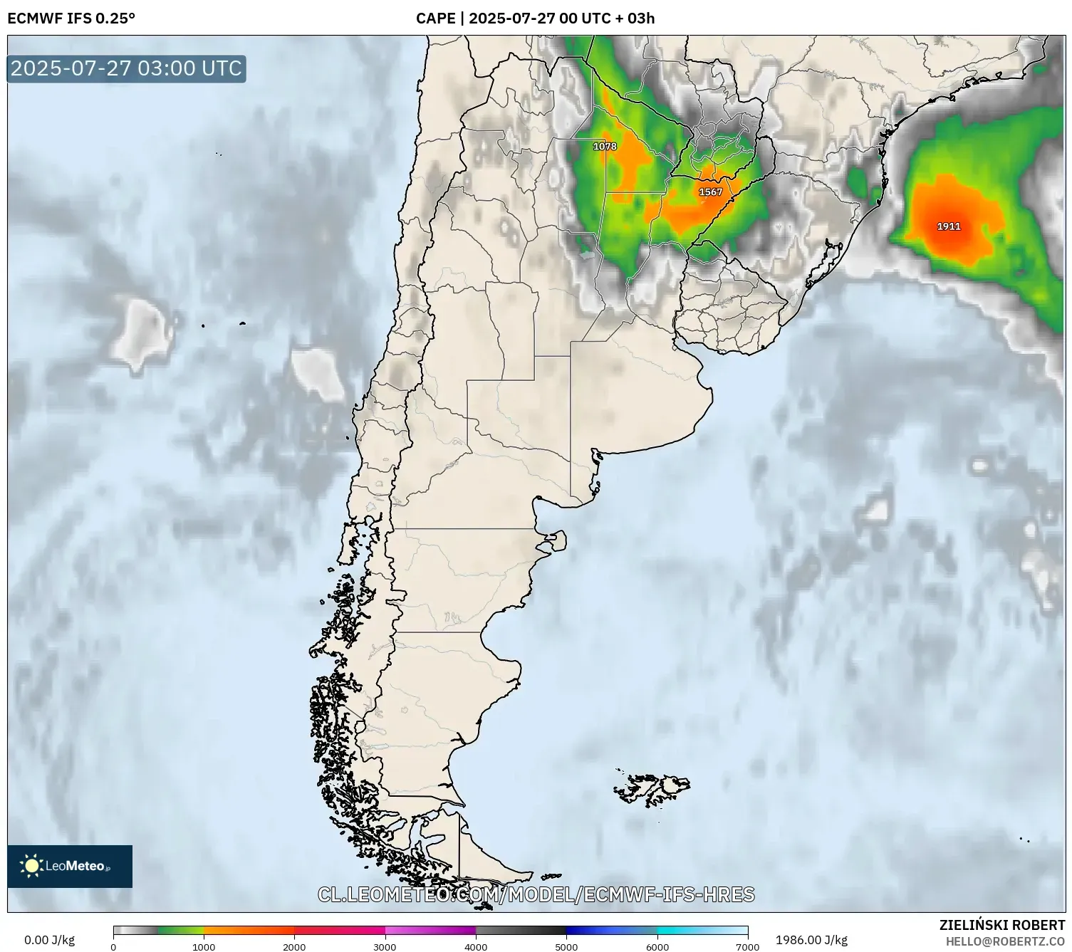 ECMWF IFS 0.25° model - Argentina, CAPE ECMWF IFS 0.25° model - Argentina, CAPE