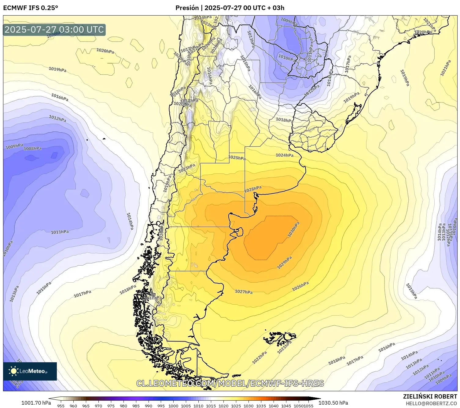 ECMWF IFS 0.25° model - Argentina, Presión ECMWF IFS 0.25° model - Argentina, Presión