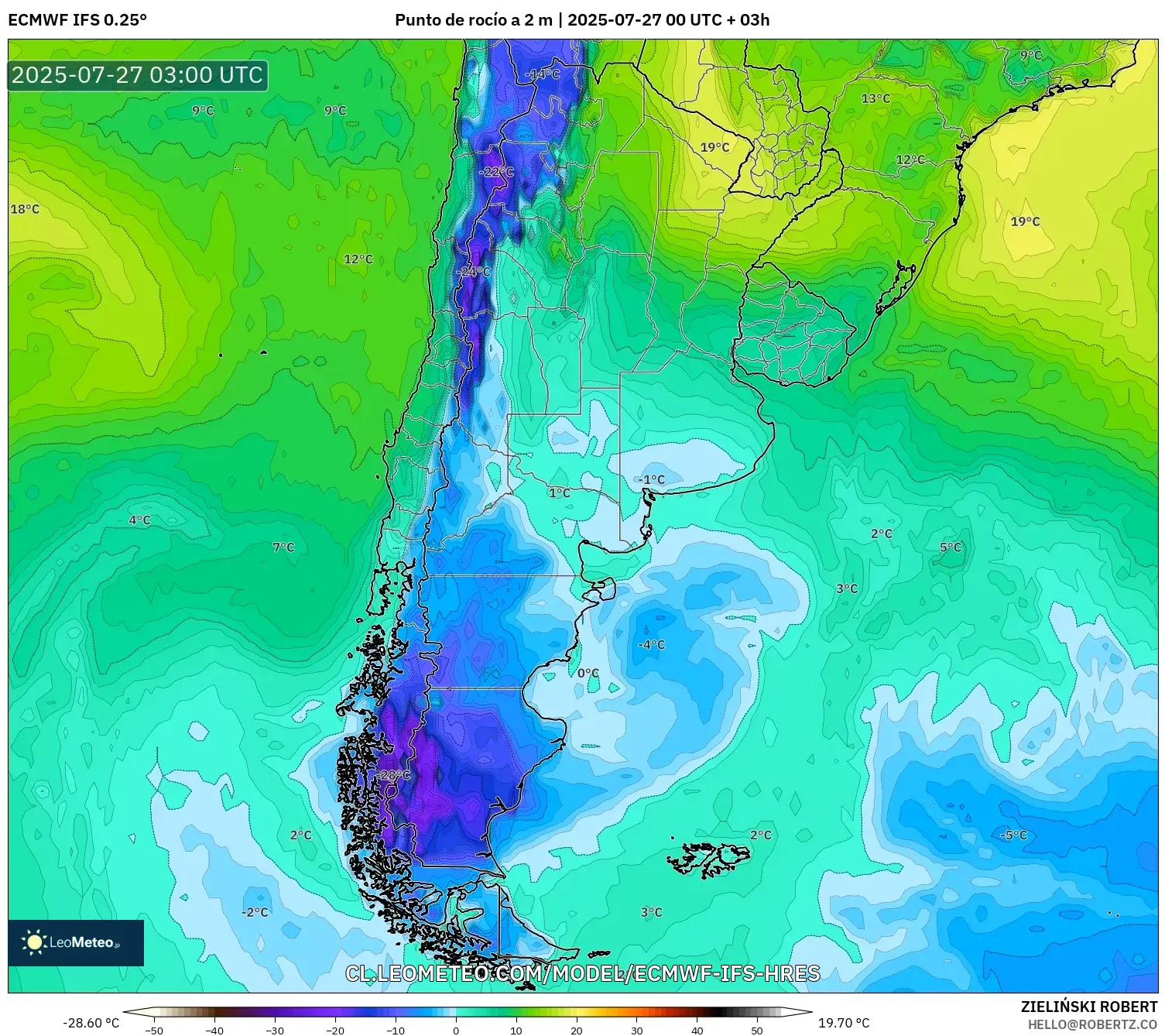 ECMWF IFS 0.25° model - Argentina, Punto de rocío a 2 m ECMWF IFS 0.25° model - Argentina, Punto de rocío a 2 m