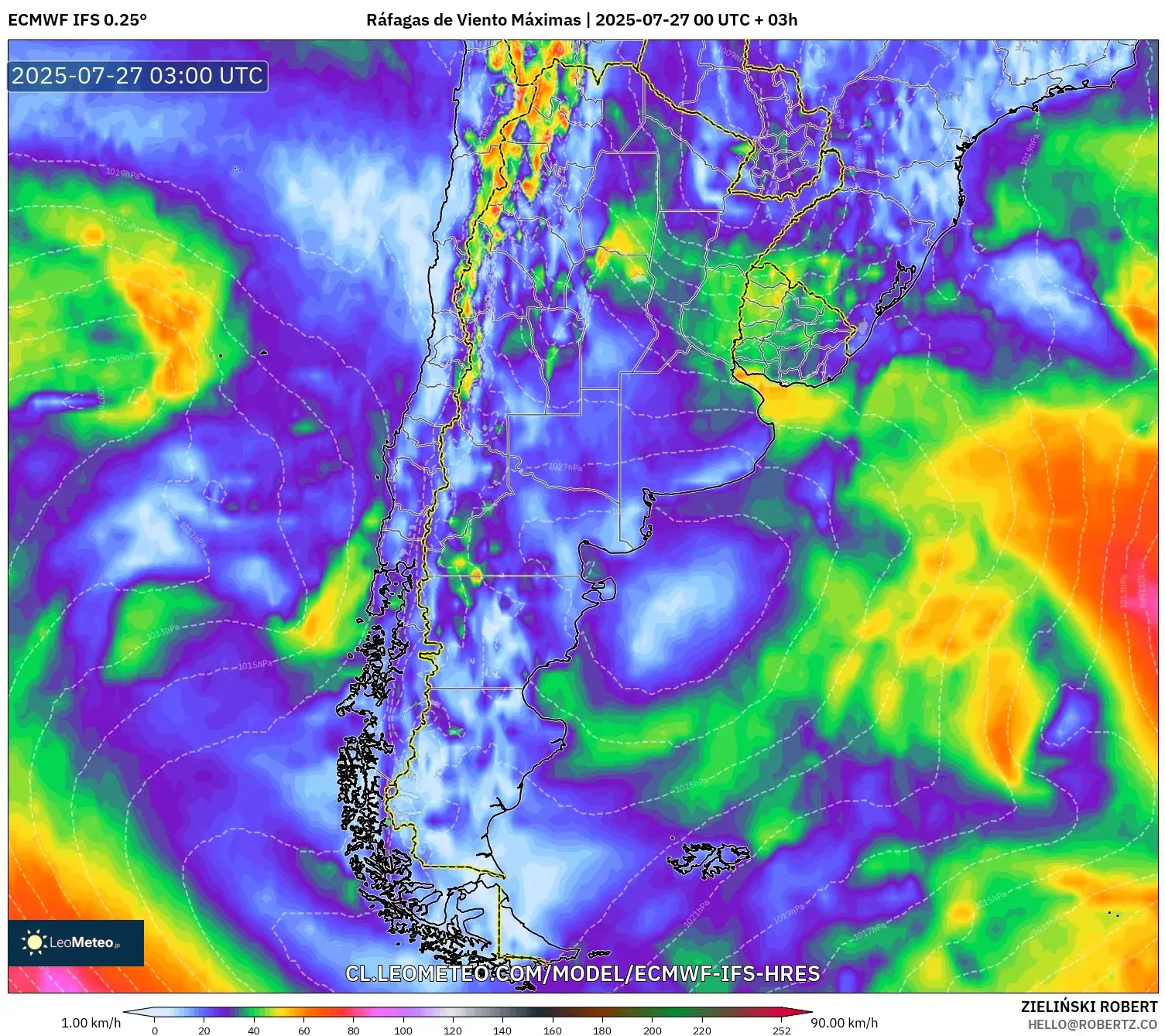 ECMWF IFS 0.25° model - Argentina, Ráfagas de Viento Máximas