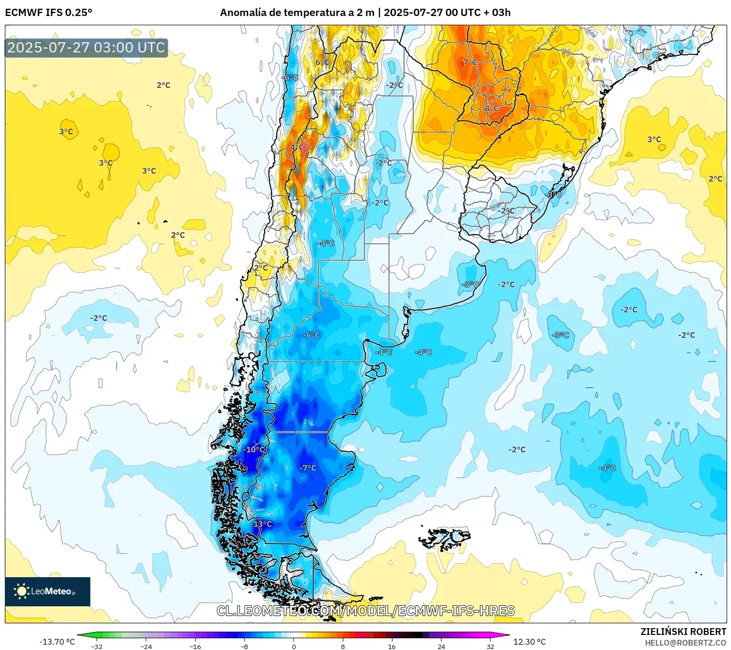 ECMWF IFS 0.25° model - Argentina, Anomalía de temperatura a 2 m ECMWF IFS 0.25° model - Argentina, Anomalía de temperatura a 2 m