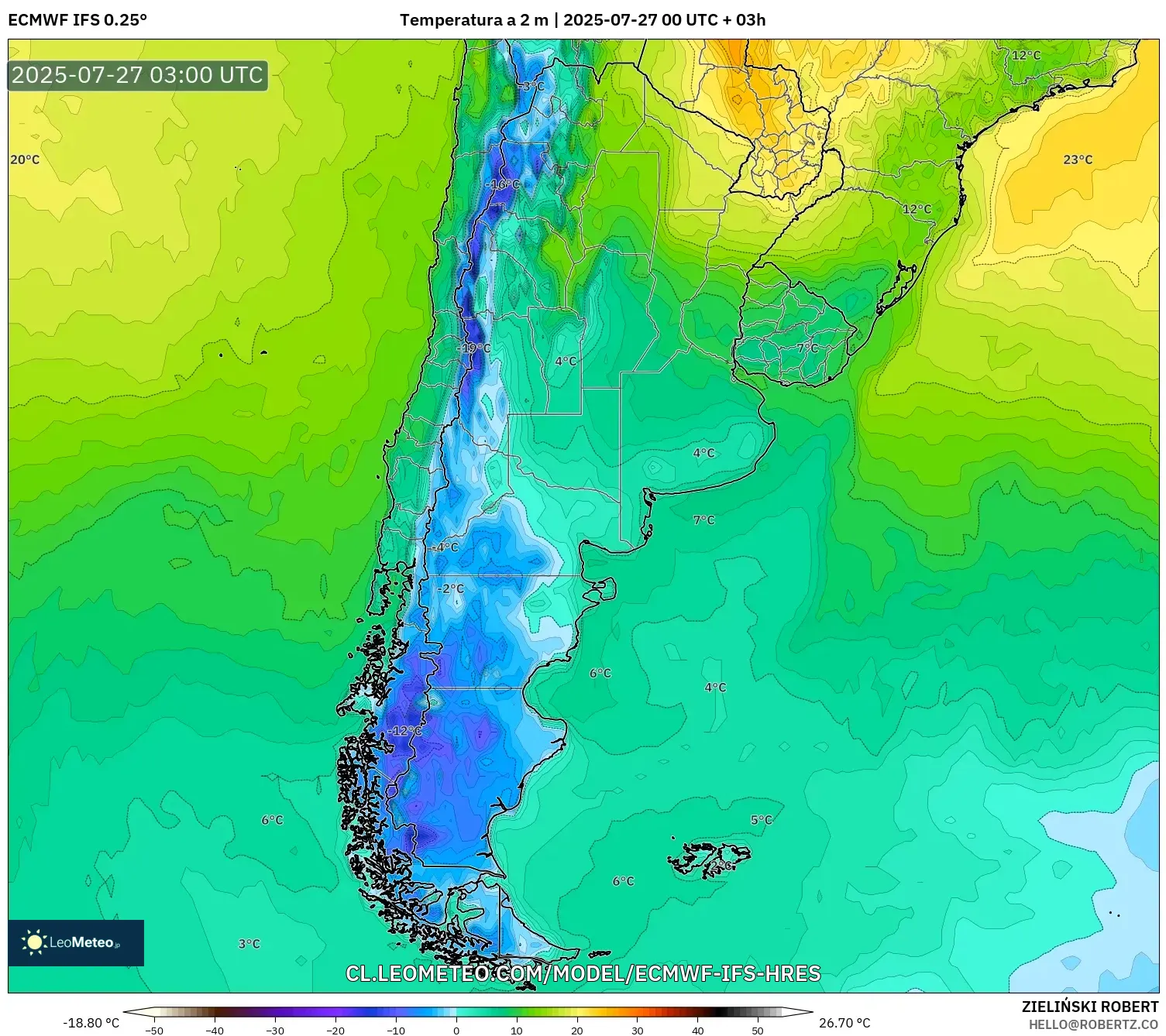ECMWF IFS 0.25° model - Argentina, Temperatura a 2 m