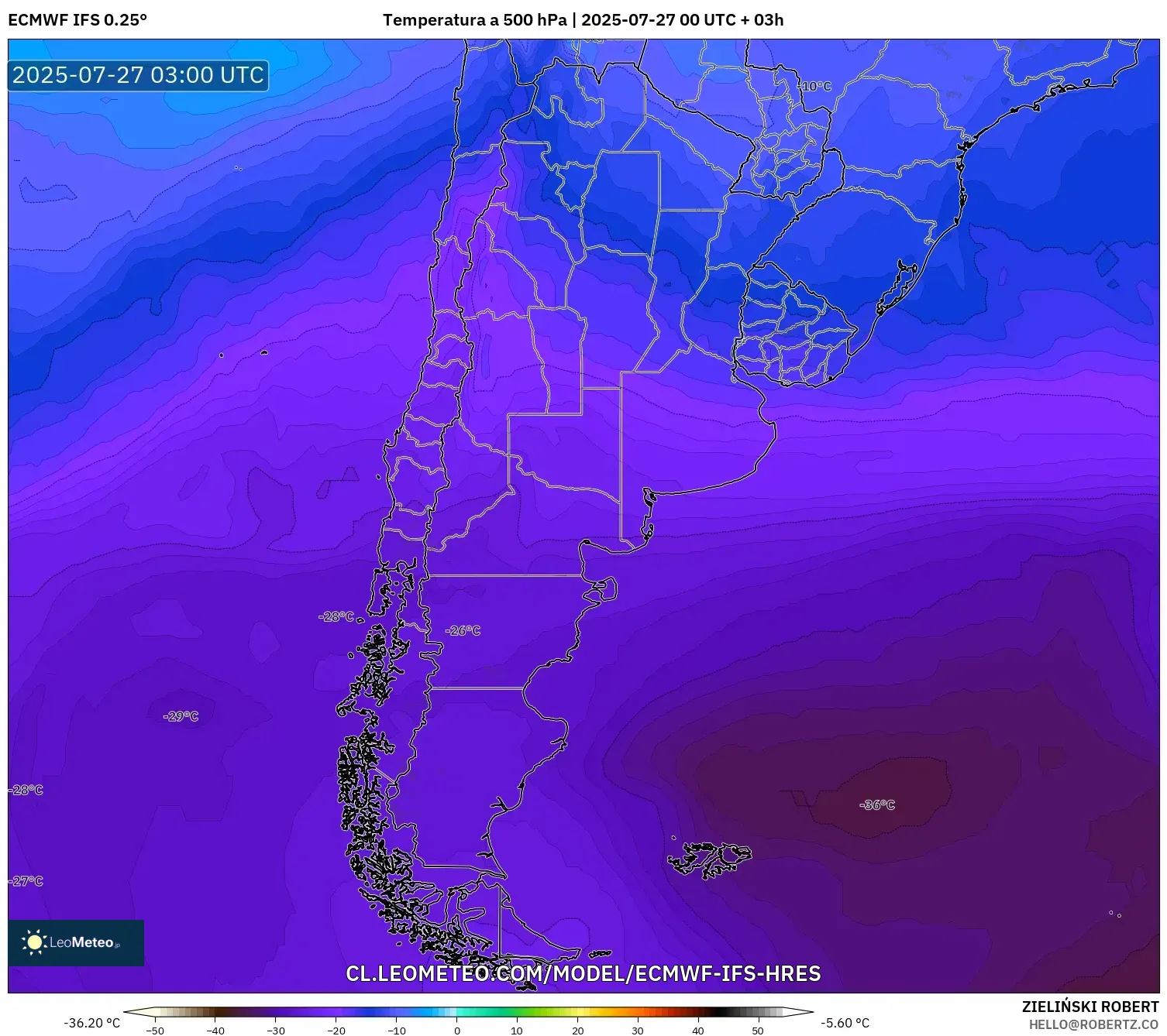 ECMWF IFS 0.25° model - Argentina, Temperatura a 500 hPa ECMWF IFS 0.25° model - Argentina, Temperatura a 500 hPa